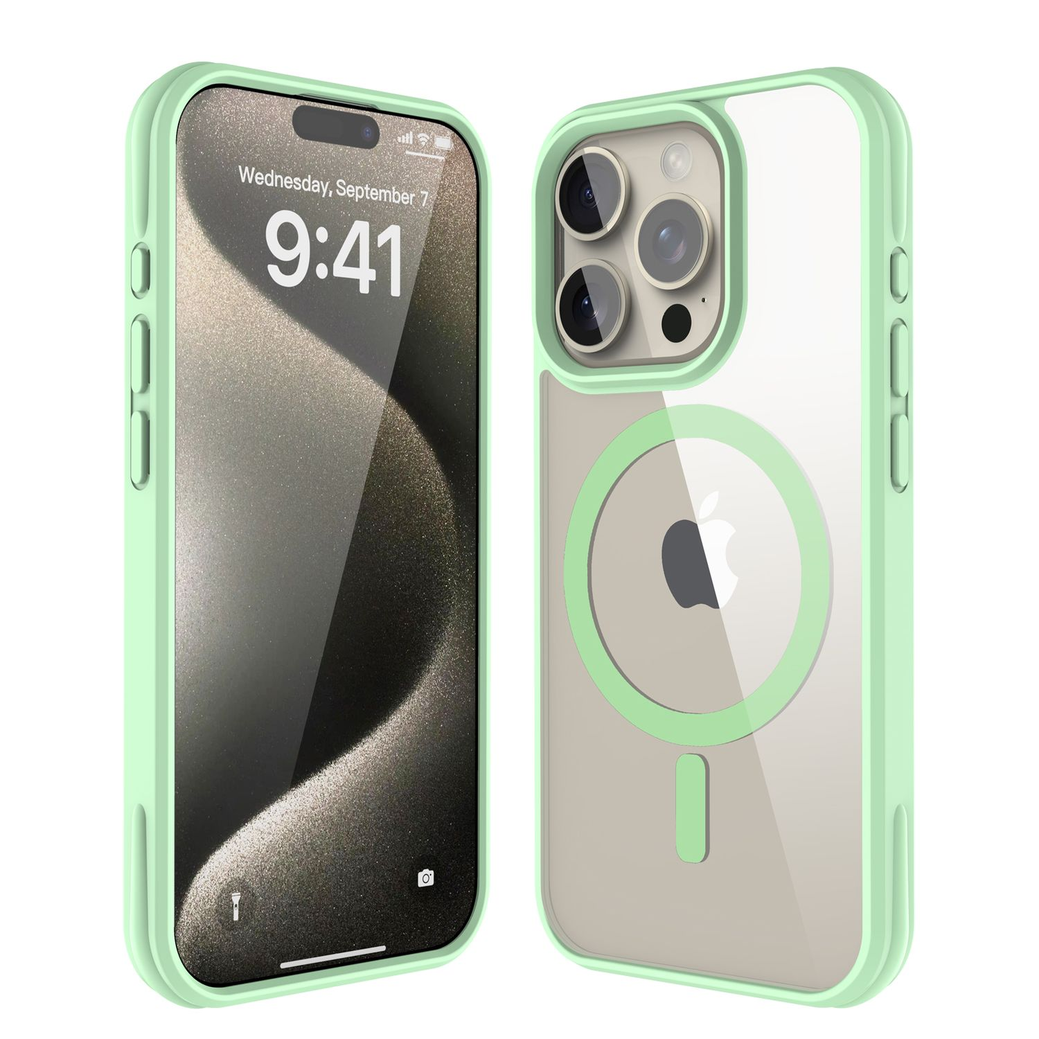 Zwei iPhones in mintgrünen Hüllen. Eines zeigt die Uhrzeit, das andere das Apple-Logo. Beide Hüllen sind transparent mit grünen Akzenten.
