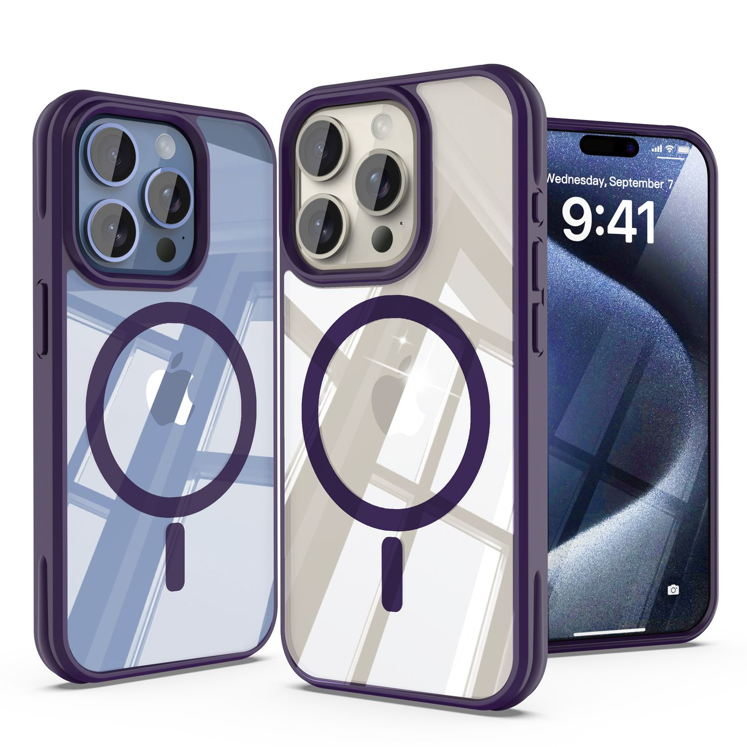Drei iPhone-Hüllen mit verschiedenen Designs. Zwei Hüllen haben einen lila Rand und einen Kreis in der Mitte. Ein Telefon ist rechts.