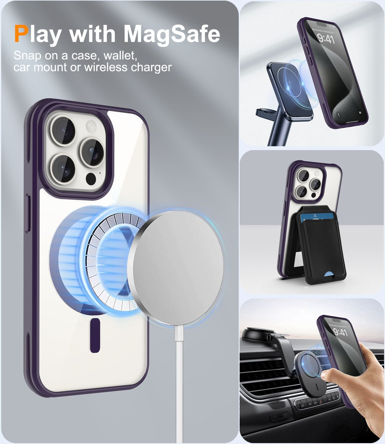 Ein iPhone mit MagSafe-Hülle ist an einem kabellosen Ladegerät, einer Autohalterung und einer Brieftasche abgebildet.