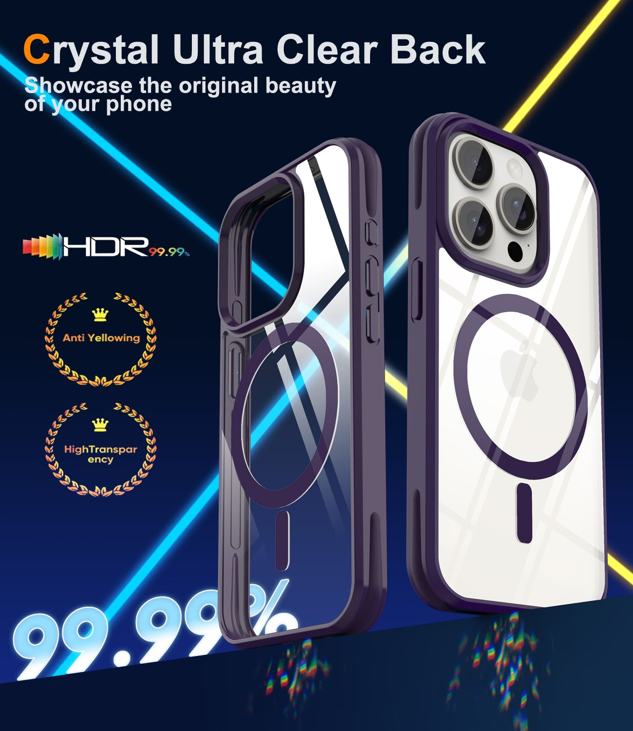 Zwei Handyhüllen mit durchsichtigen Rückseiten, lila Rahmen und weißen Innenseiten. Text enthält 'Crystal Ultra Clear Back' und '99,99% HDR'.