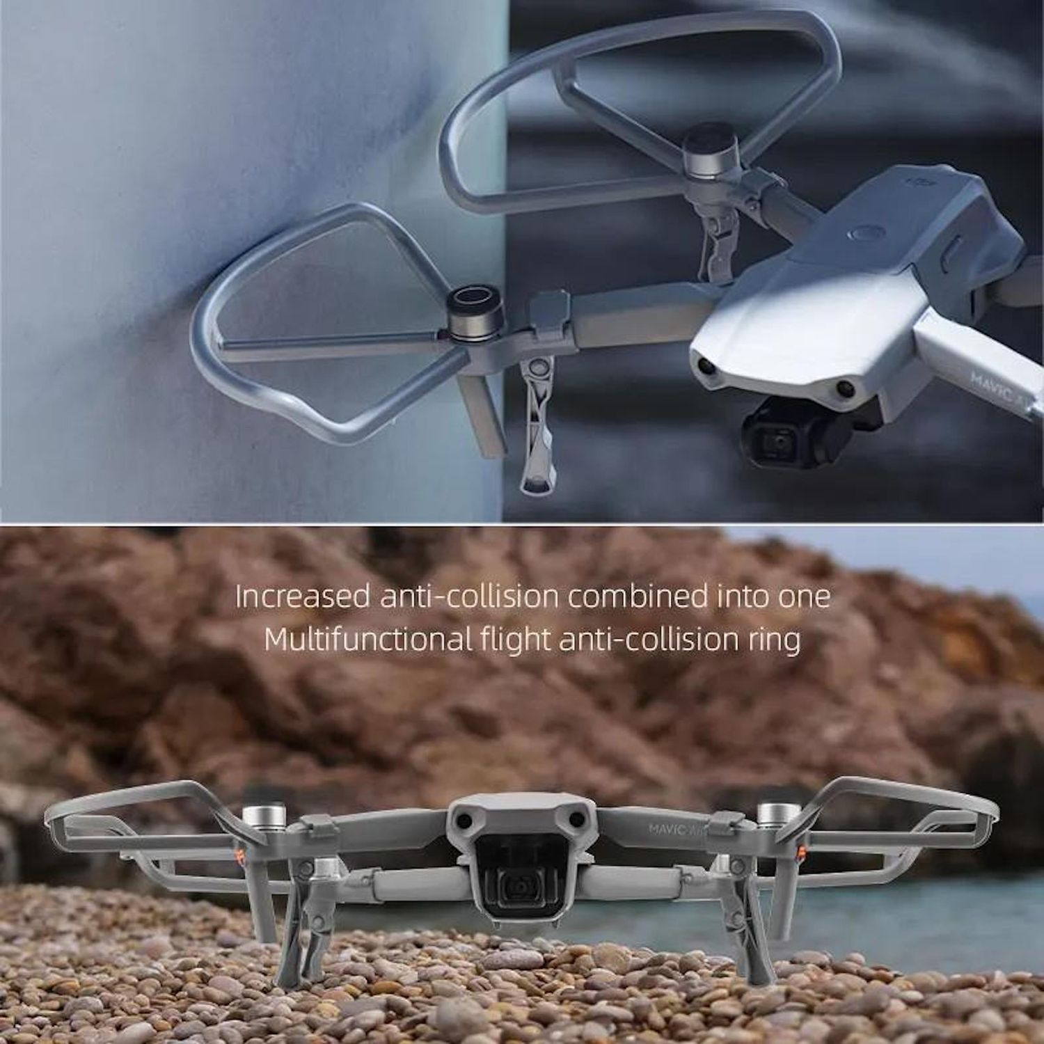 Due viste di un drone con anelli protettivi. Il drone è grigio, seduto su ciottoli, e contro uno sfondo sfocato. Il testo recita 'anti-collisione'.