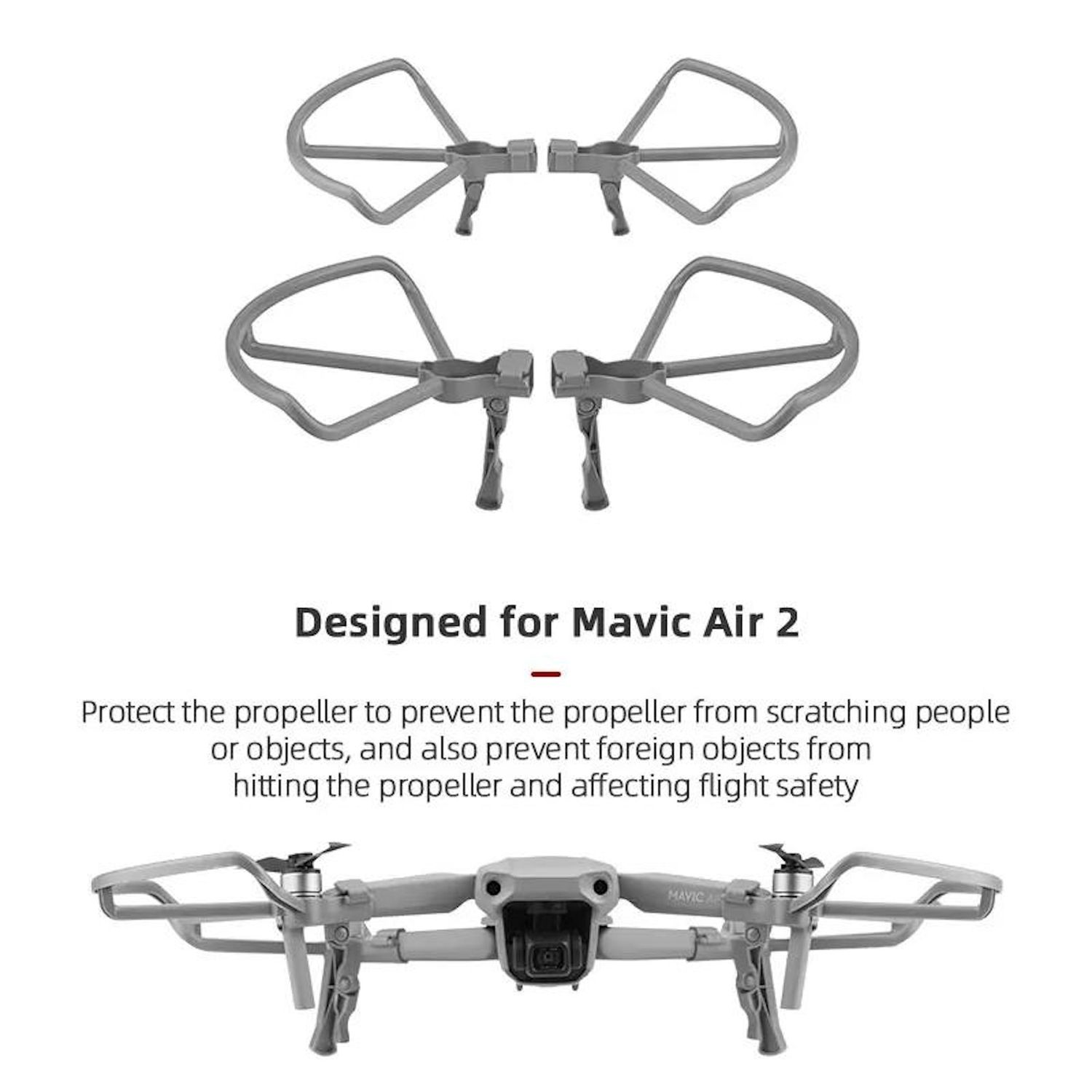 L'immagine mostra protezioni per eliche di droni e un drone. Il testo dice progettato per Mavic Air 2. Protegge da graffi e oggetti estranei.