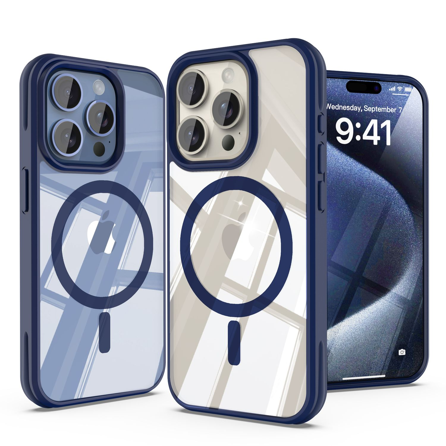 Drei iPhones in Hüllen. Eines zeigt den Bildschirm mit Datum und Uhrzeit. Die Hüllen sind transparent mit blauen Akzenten.