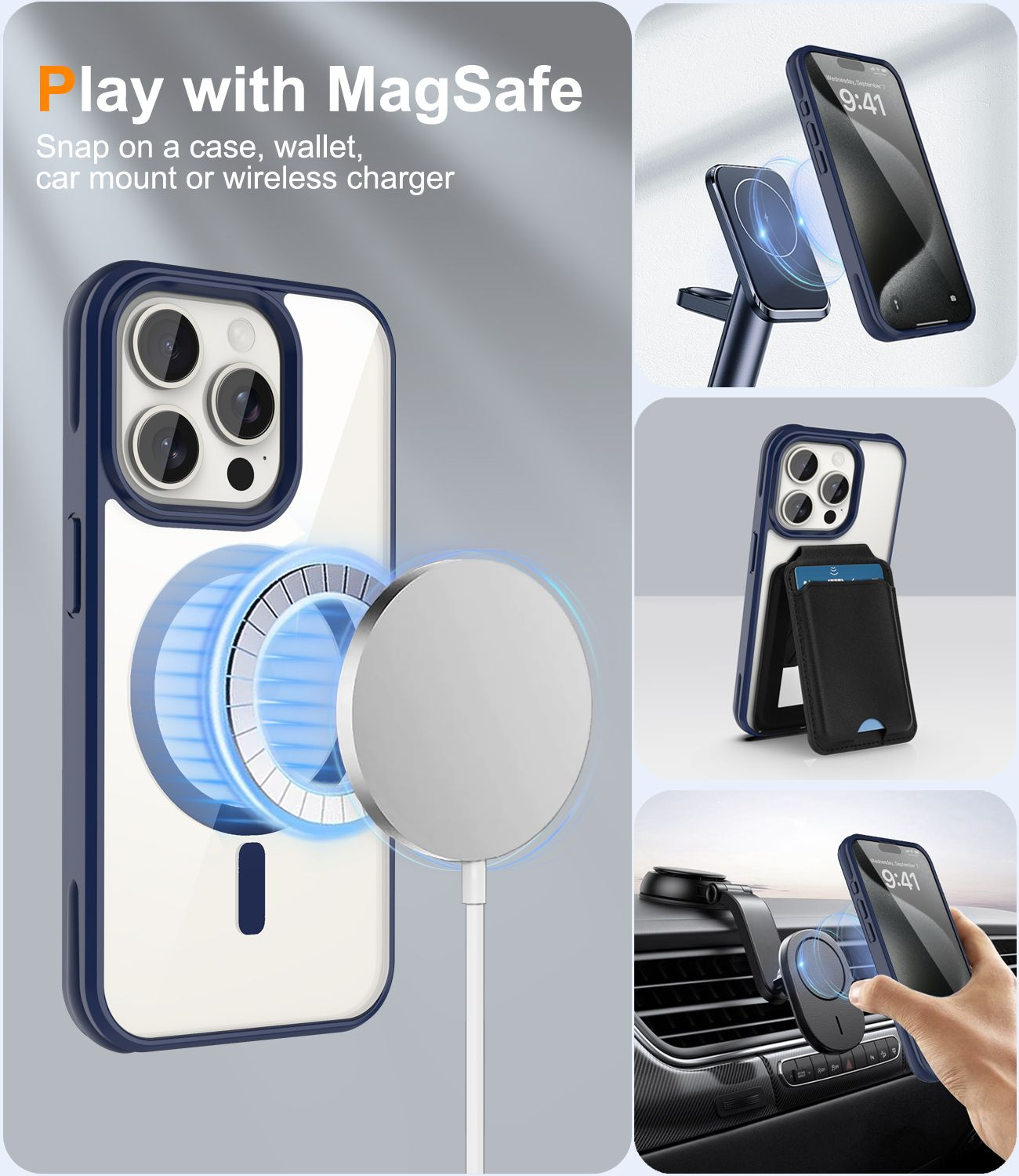 Das Bild zeigt eine Handyhülle mit MagSafe-Zubehör. Ein Telefon wird magnetisch an einem Ladegerät, einer Geldbörse und einer Autohalterung befestigt.