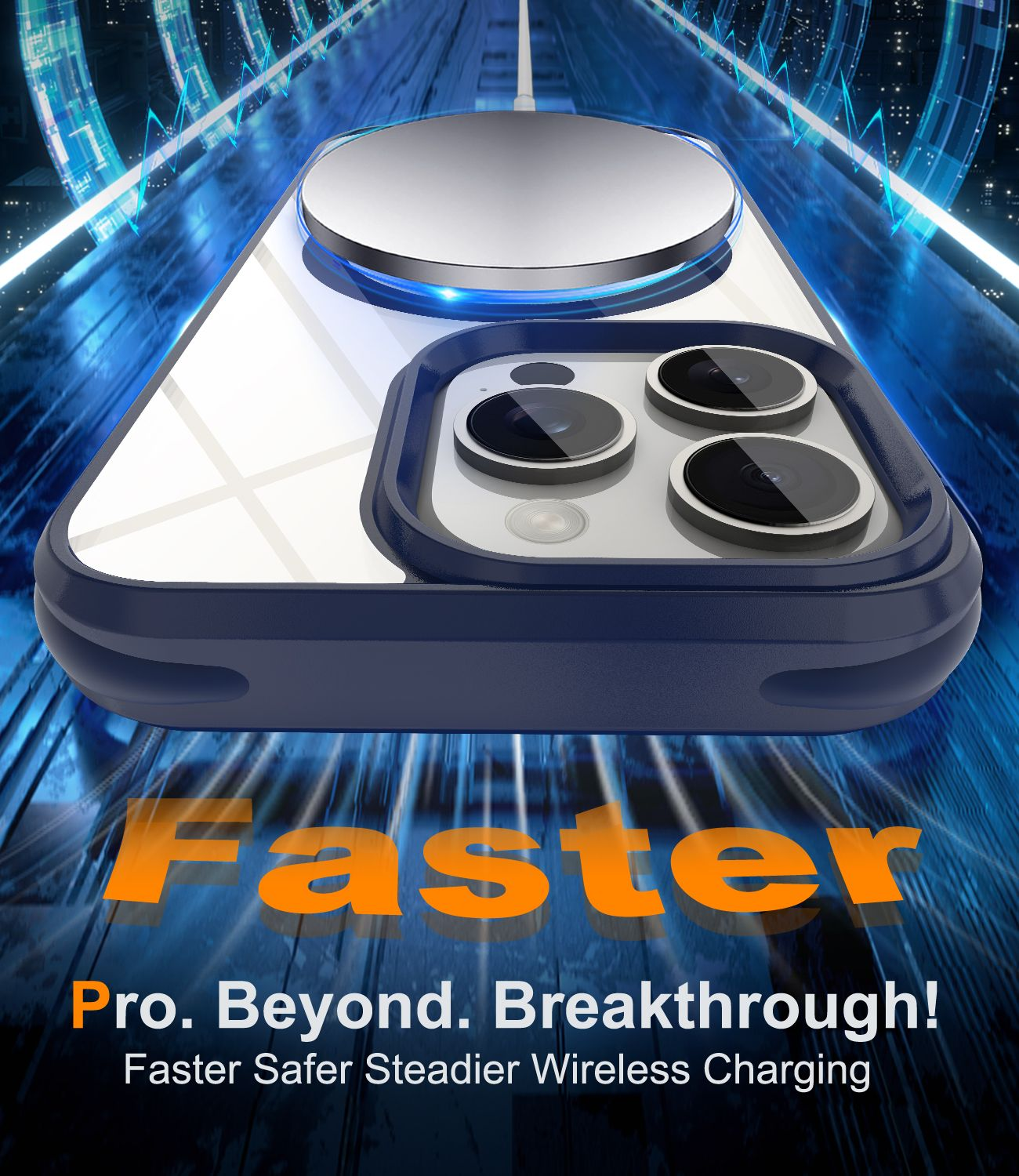 Ein Telefon mit drei Kameras wird auf einem kabellosen Ladegerät aufgeladen. Das Wort "Faster" ist prominent, mit Produktbeschreibung unten.