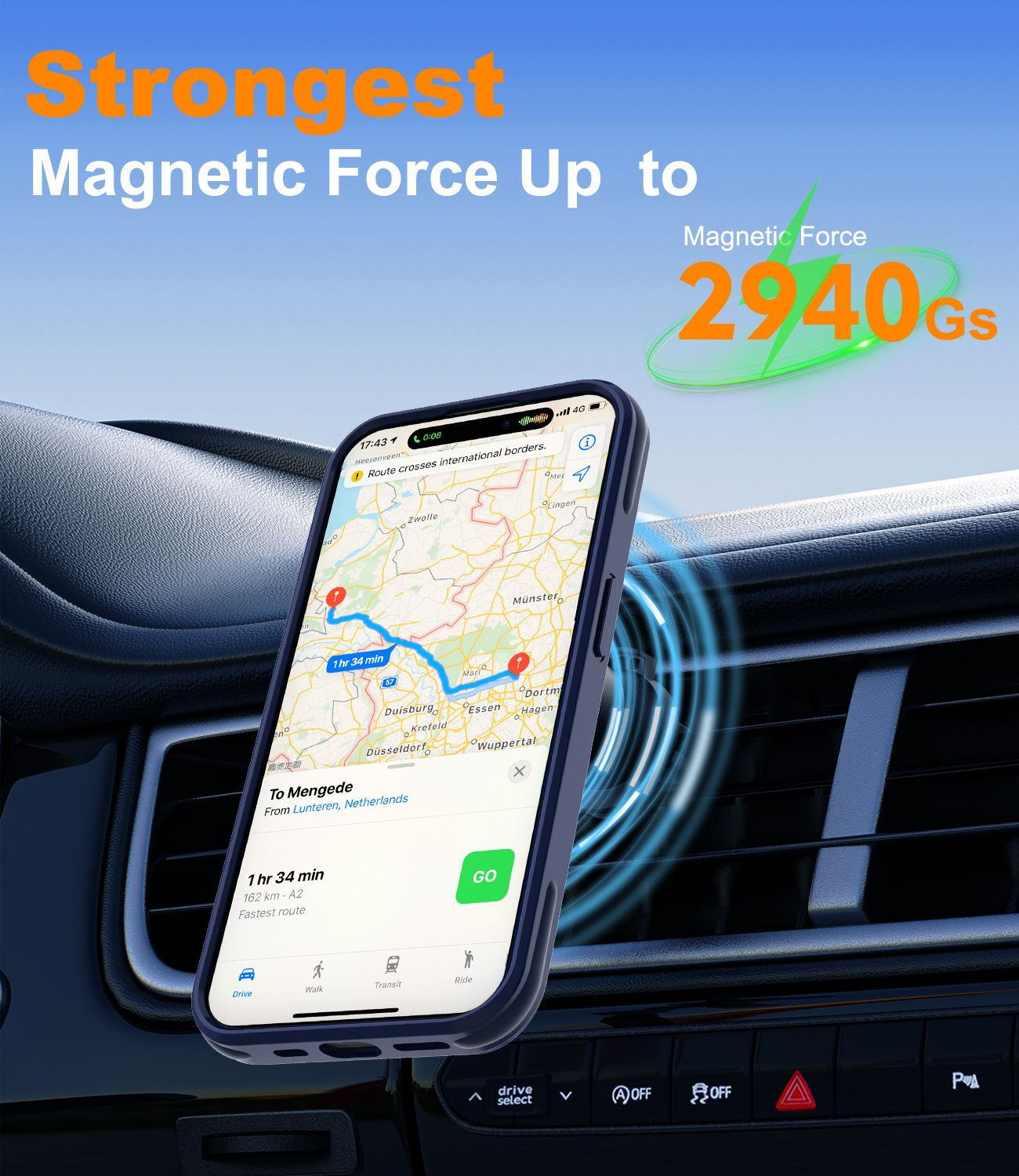 Ein Telefon zeigt eine Navigations-App, die eine Route anzeigt. Text hebt die stärkste Magnetkraft von 2940 Gs hervor. Das Telefon befindet sich in einem Auto.