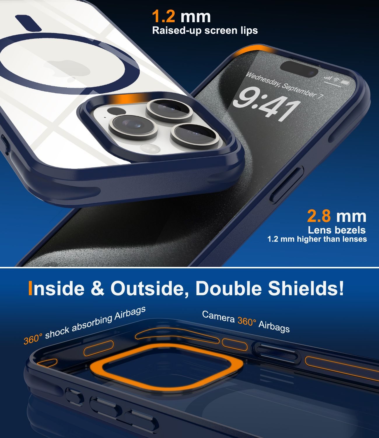 Eine Handyhülle mit einem Telefon darin. Die Hülle hat erhöhte Kanten zum Schutz von Bildschirm und Kamera. Text hebt Funktionen wie Airbags und Blendenhöhe hervor.