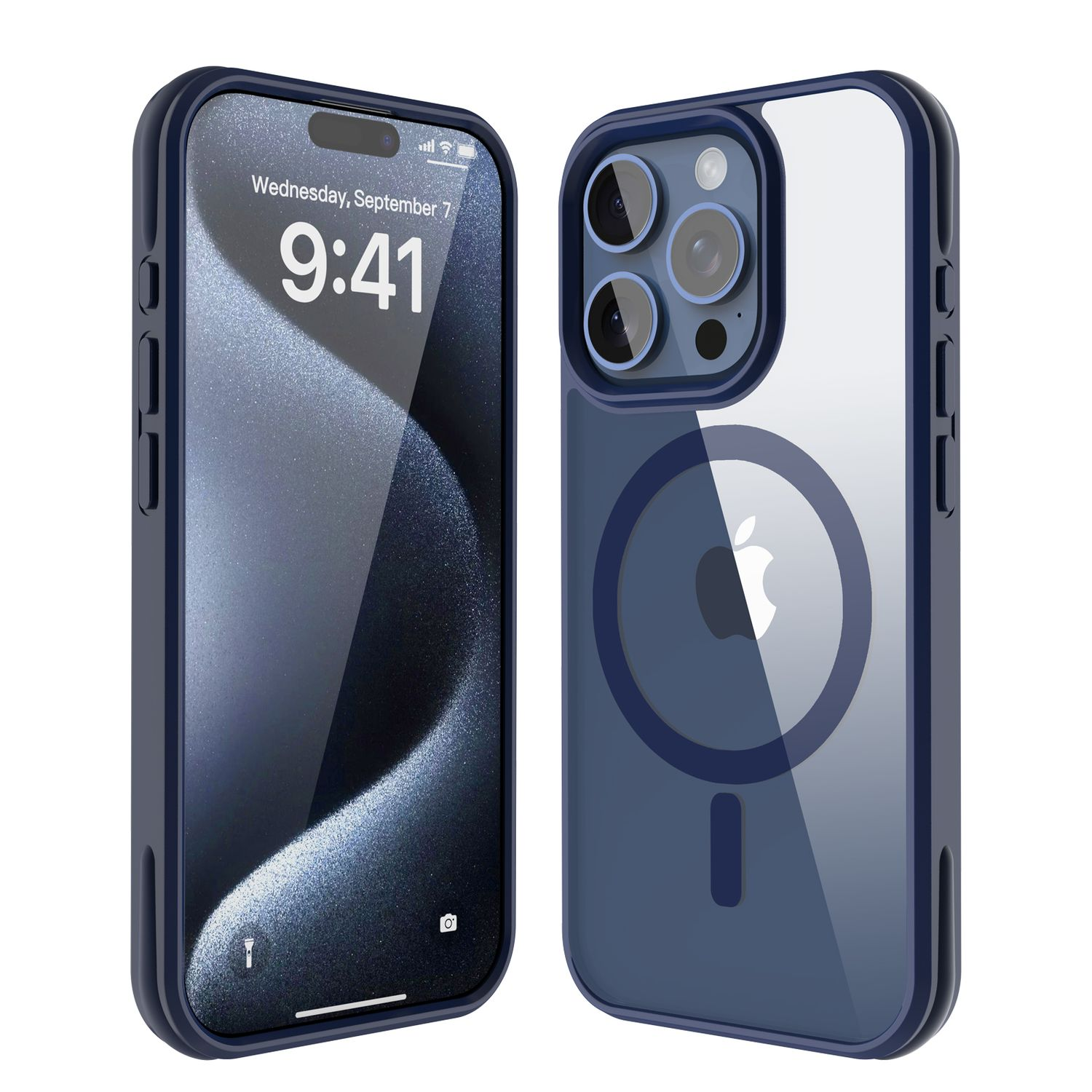 Zwei iPhones in marineblauen Hüllen. Eines zeigt den Bildschirm um 9:41 Uhr. Das andere zeigt das Apple-Logo.