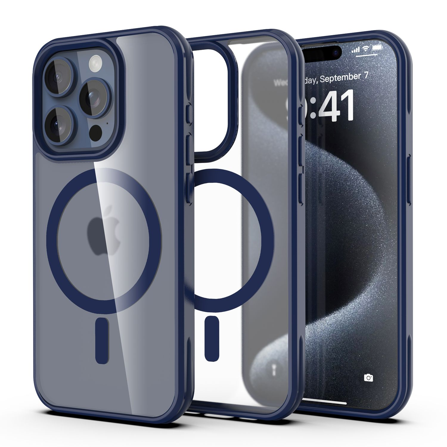 Ein iPhone mit transparentem Gehäuse, blauem Rand und einem MagSafe-Ring. Das Telefon zeigt die Uhrzeit 0:41 am 7. September an.