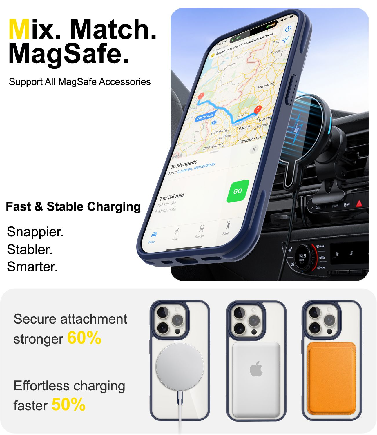 Ein Telefon mit Navigation ist in einem Auto montiert. Es zeigt eine Routenkarte. Darunter sind drei Telefonhüllen mit MagSafe-Zubehör.