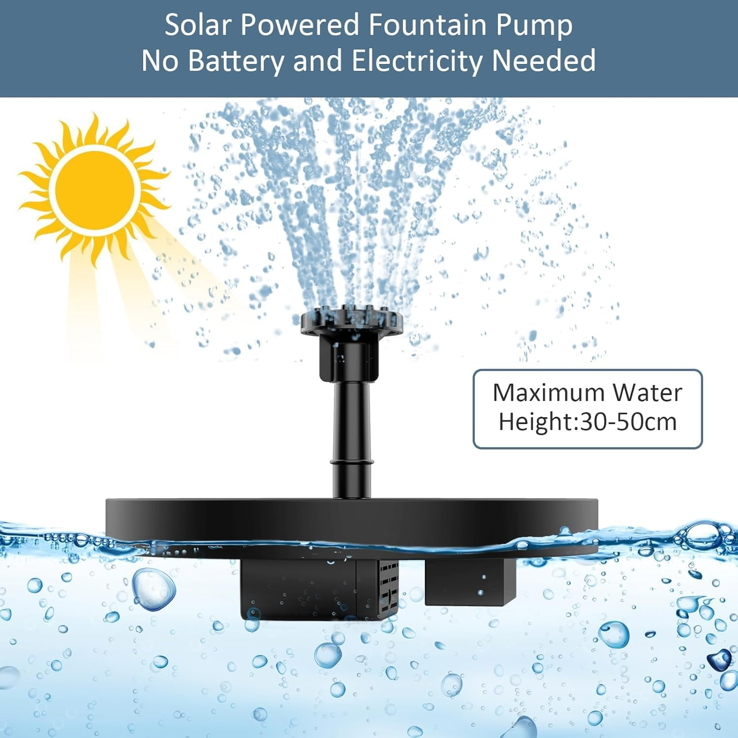 Eine solarbetriebene Springbrunnenpumpe. Sie hat einen schwarzen Sockel im Wasser, mit nach oben spritzenden Wasserstrahlen. Oben links ist eine gelbe Sonne.