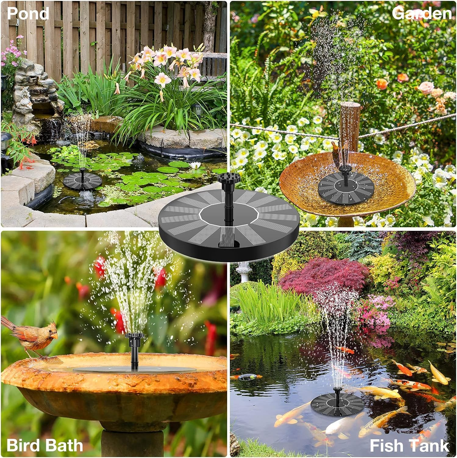 Vier Bilder: Teich mit Springbrunnen, Gartenbrunnen, Vogelbad mit Vogel, Fischteich mit Springbrunnen.