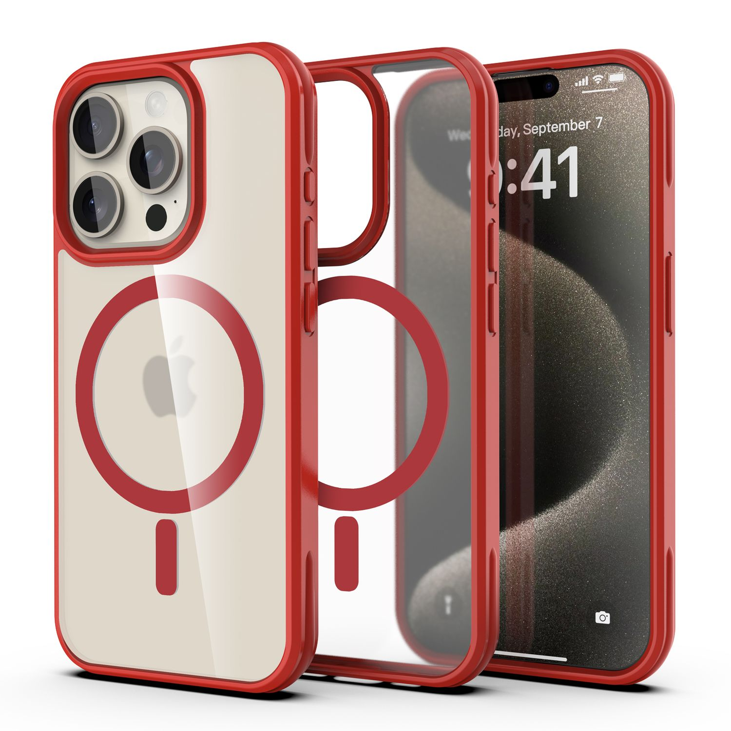Ein iPhone mit roter Hülle, einer durchsichtigen Hülle und einem roten Rahmen. Der iPhone-Bildschirm zeigt das Datum 7. September und die Uhrzeit 4:41.