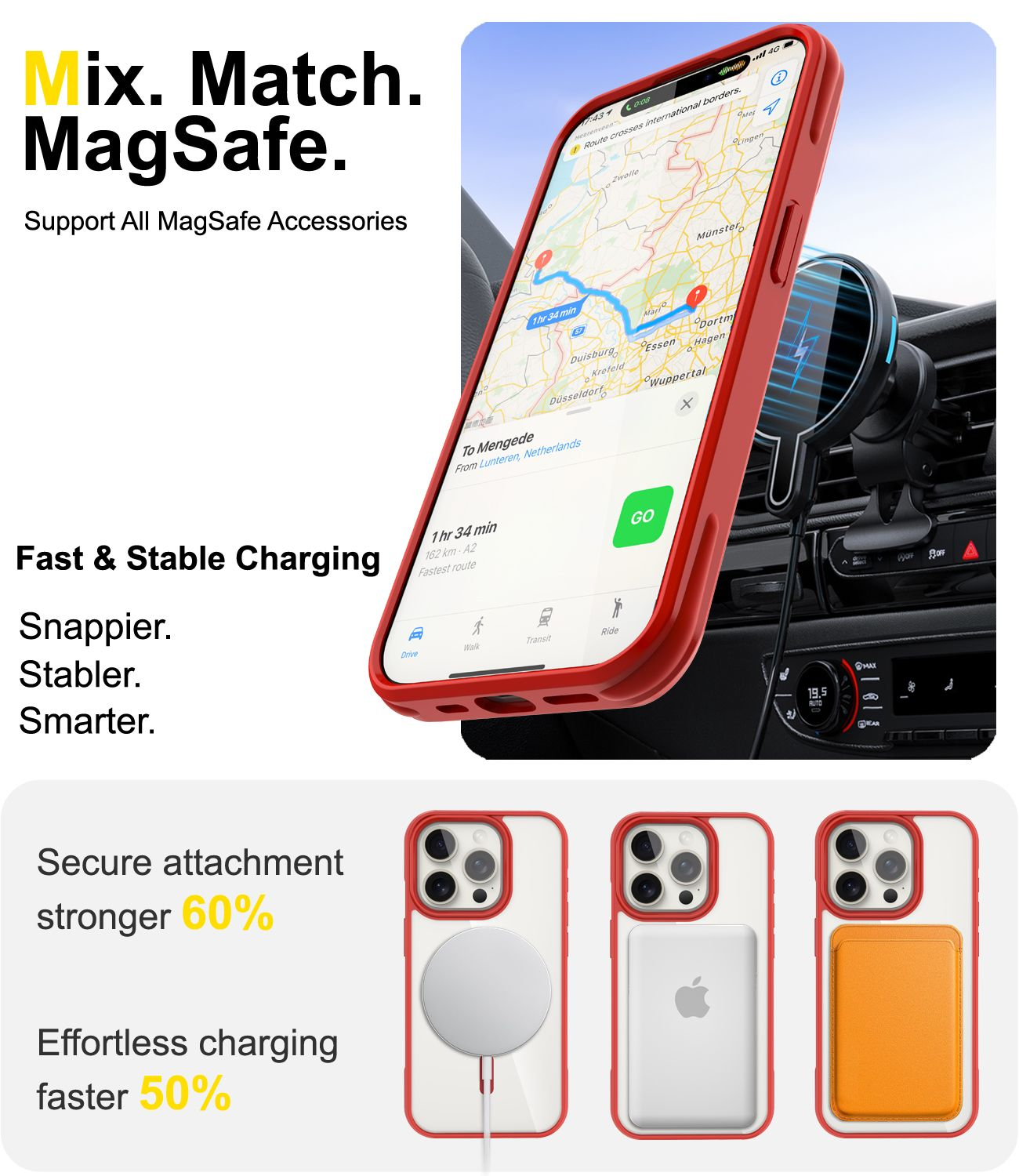 Ein Telefon mit Navigation ist im Auto montiert. MagSafe-Zubehör wird gezeigt, darunter ein Ladepad und ein Kartenhalter.