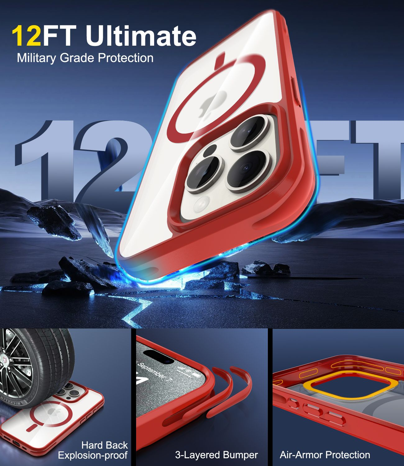 Das Bild zeigt eine rote Handyhülle mit weißer Rückseite, schwarzen Kameras und Produktdetails: 12FT Ultimate, Military Grade Protection und 3-Layered Bumper.