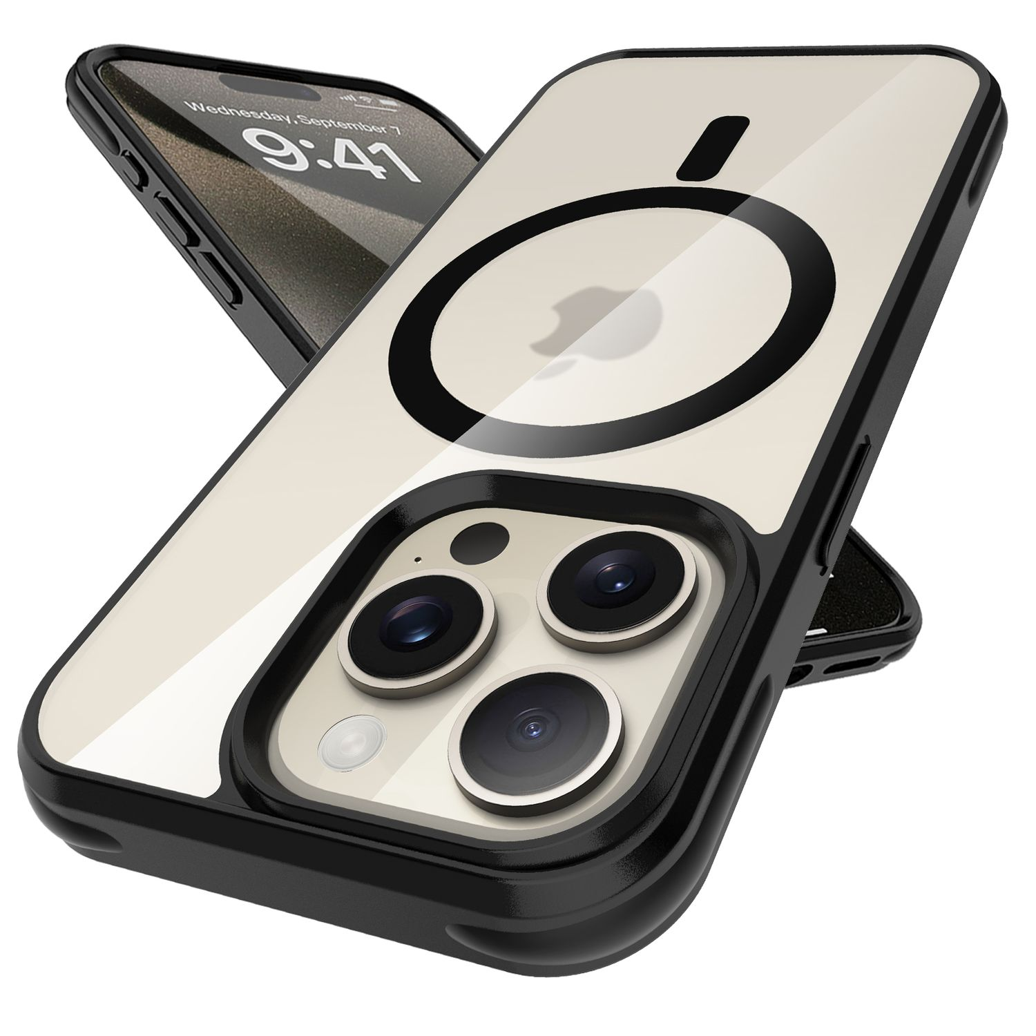 Zwei iPhone-Hüllen mit schwarzem Rahmen. Eine Hülle hat einen schwarzen Kreis und ein Apple-Logo. Die andere zeigt einen Bildschirm.