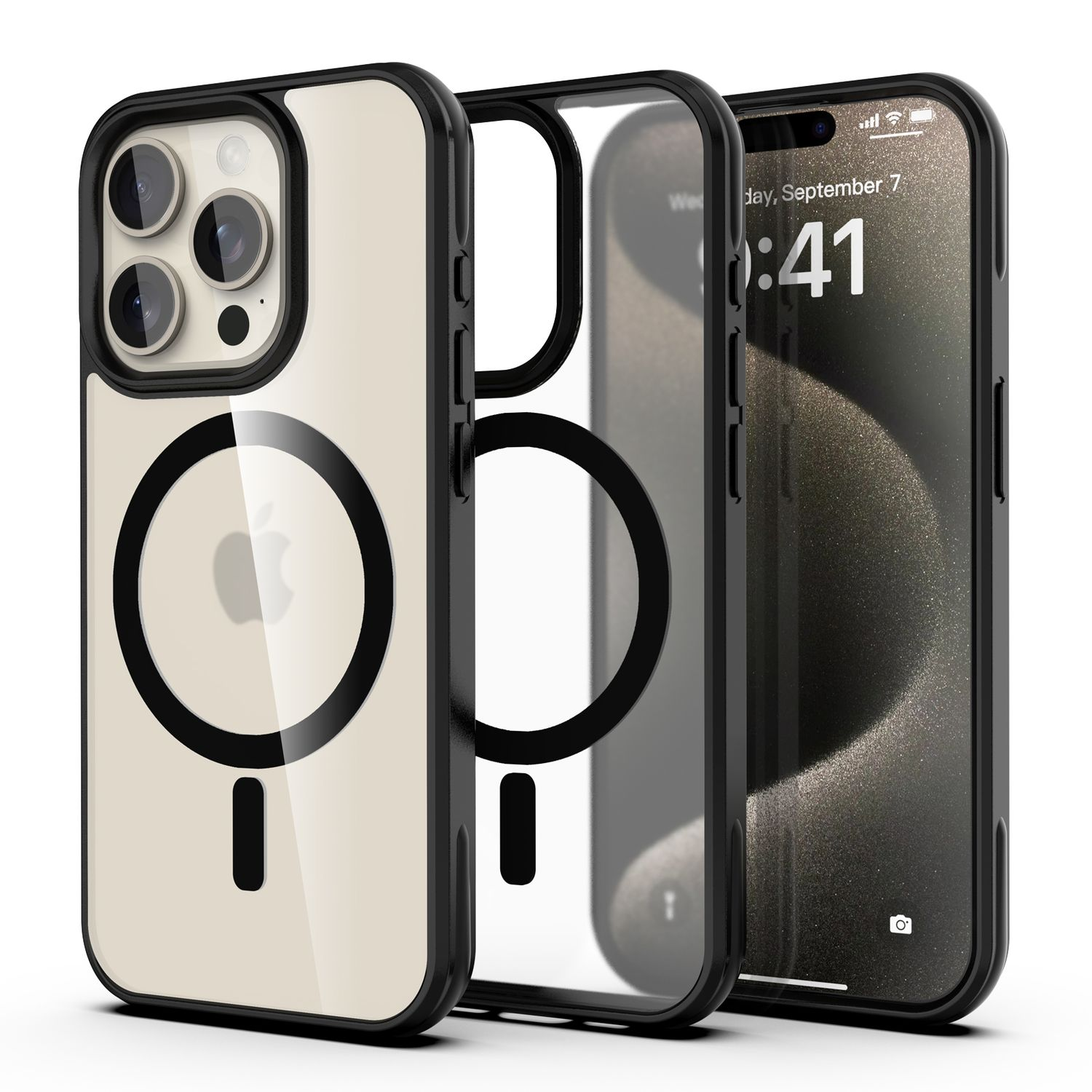 Drei iPhone-Hüllen, eine mit Telefon darin. Hüllen haben schwarze Rahmen und klare Rückseiten. Das Telefon zeigt die Uhrzeit und das Datum.