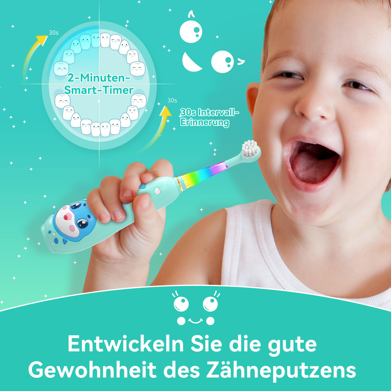 Ein Kind lächelt und hält eine Zahnbürste. Ein Timer zeigt 2 Minuten. Der Text lautet: Entwickeln Sie die gute Gewohnheit des Zähneputzens.