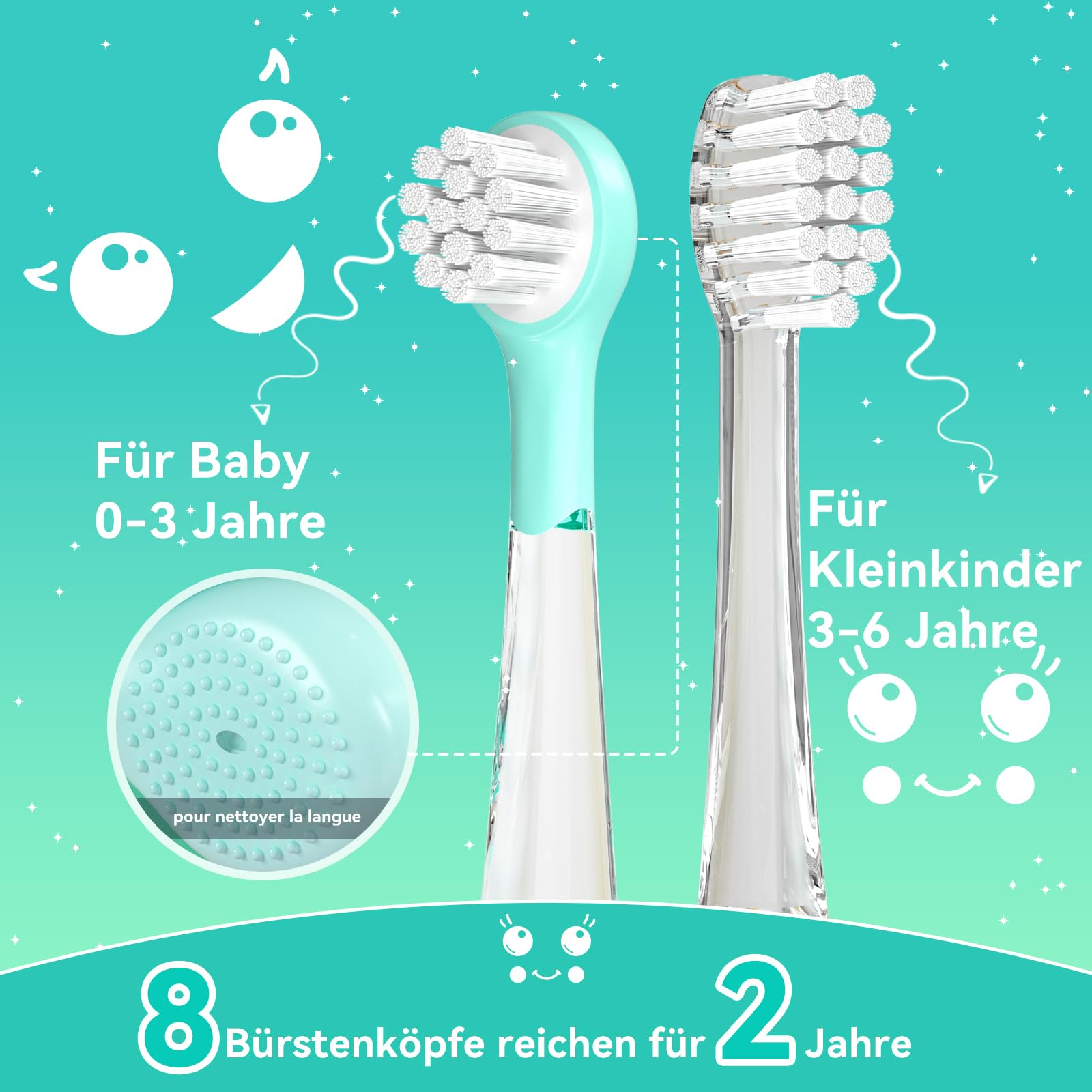 Das Bild zeigt zwei Zahnbürsten. Eine ist für Babys, die andere für Kleinkinder. Der Hintergrund ist türkis mit weißen Grafiken.