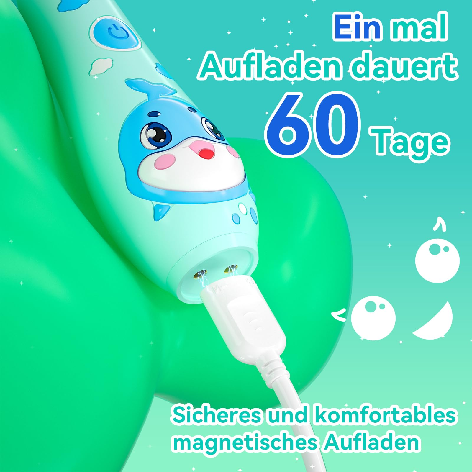 Eine türkisfarbene Zahnbürste mit Waldesign wird aufgeladen. Der Text lautet: "Aufladen dauert 60 Tage". Der Hintergrund ist grün.