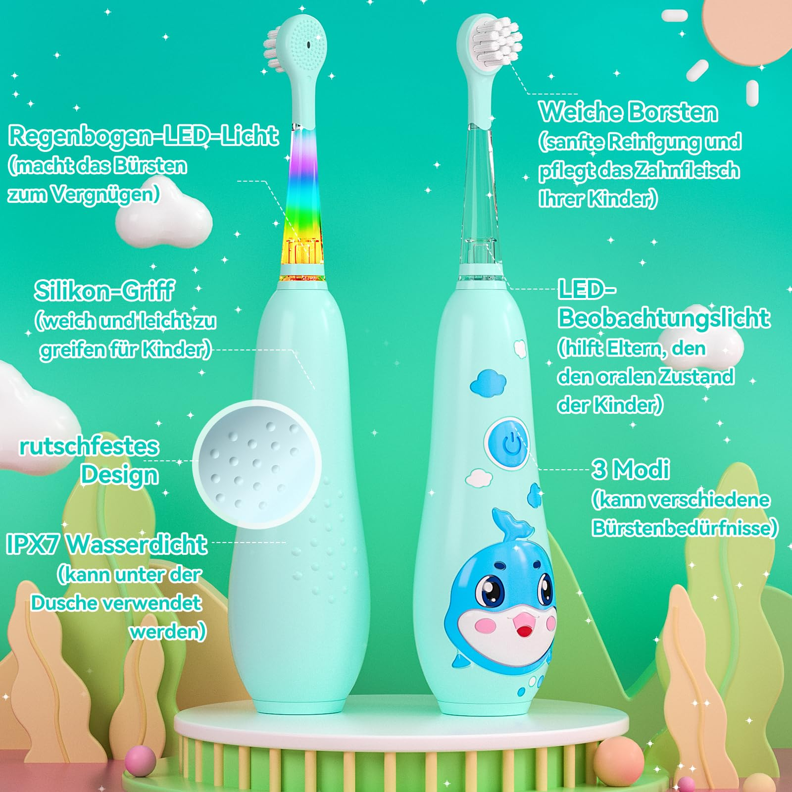 Zwei hellblaue Zahnbürsten mit Textetiketten. Zu den Merkmalen gehören Regenbogen-LED, weiche Borsten, Silikongriff und ein Delfin-Design.