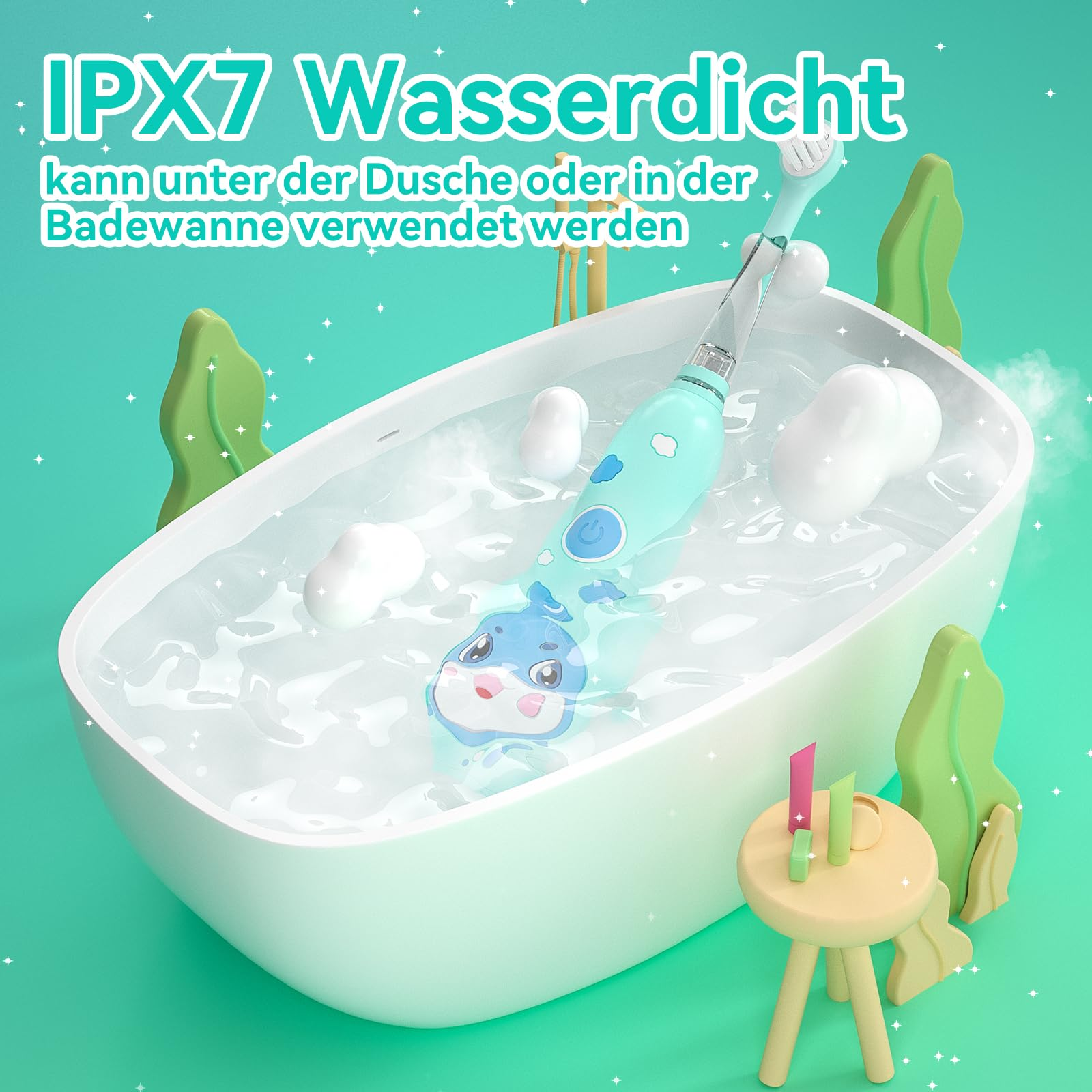 Eine elektrische Zahnbürste in einer Badewanne mit Wasser, einem blauen Delfin und Seifenblasen, was die Wasserdichtigkeit anzeigt.
