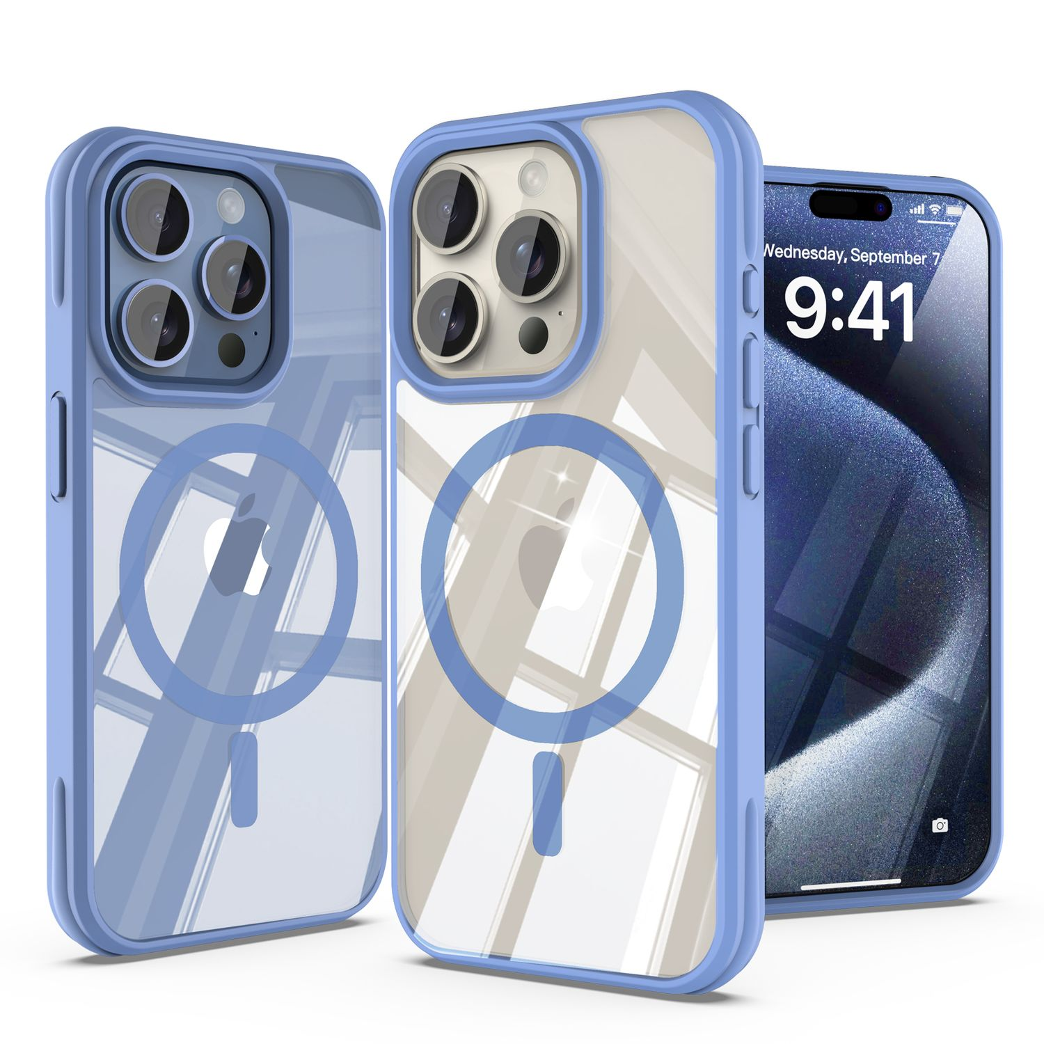 Drei iPhone-Hüllen: zwei mit blauen Rahmen, eine mit dem Telefon. Mittwoch, 7. September, 9:41 auf dem Telefon angezeigt.