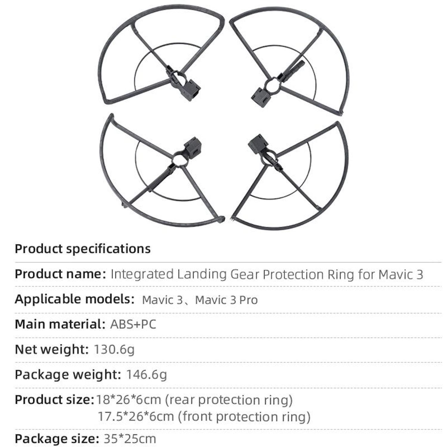 Quattro protezioni per eliche di droni grigie disposte a quadrato, con sfondo bianco. Sotto, sono elencate le specifiche del prodotto.