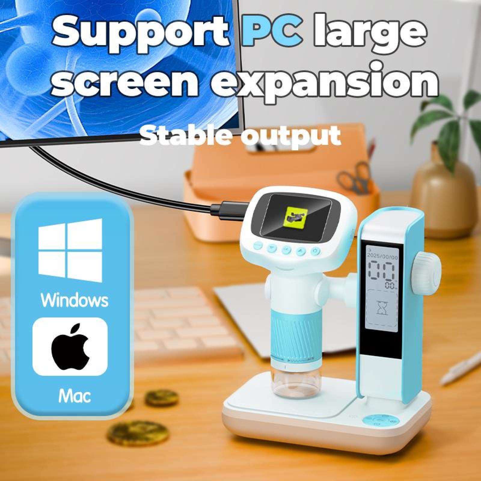 Ein Gerät steht auf einem Tisch. Es ist mit einem Computer verbunden. Ein Windows/Mac-Logo befindet sich links.