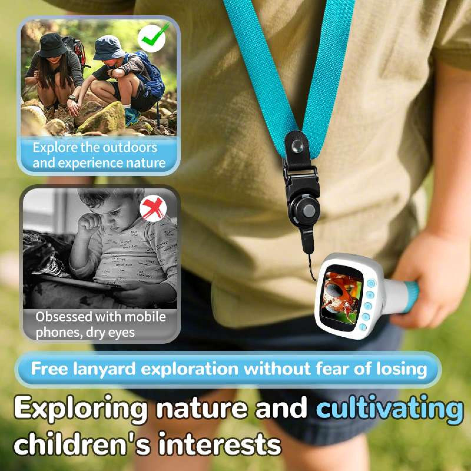 Eine Person hält ein Gerät an einem Schlüsselband. Das Bild zeigt Kinder, die die Natur erkunden, und ein anderes zeigt ein Kind, das ein Telefon benutzt.