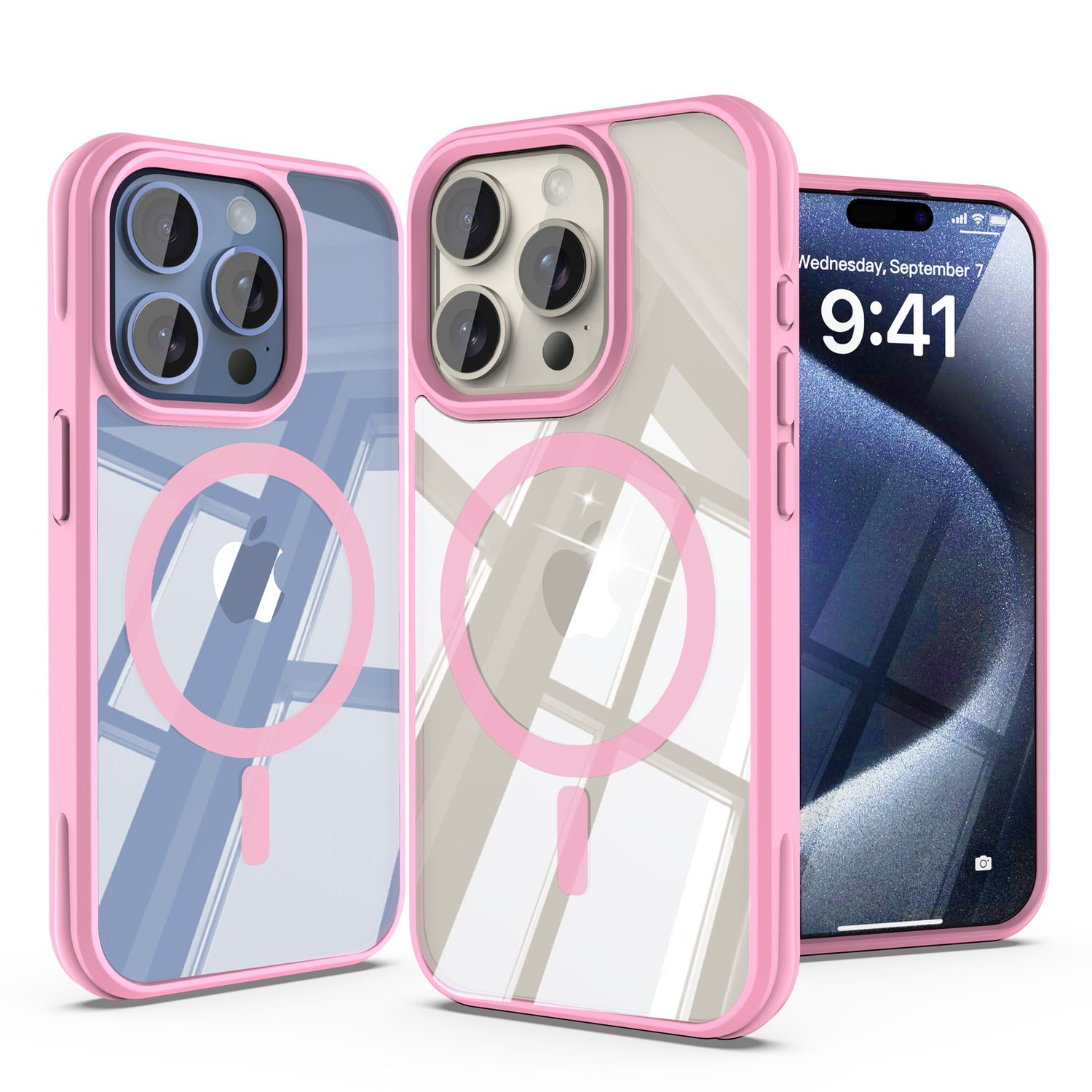 Drei iPhone-Hüllen mit rosa Rahmen. Zwei sind transparent und zeigen die Rückseite des Telefons. Das dritte zeigt den Bildschirm mit der Uhrzeit.