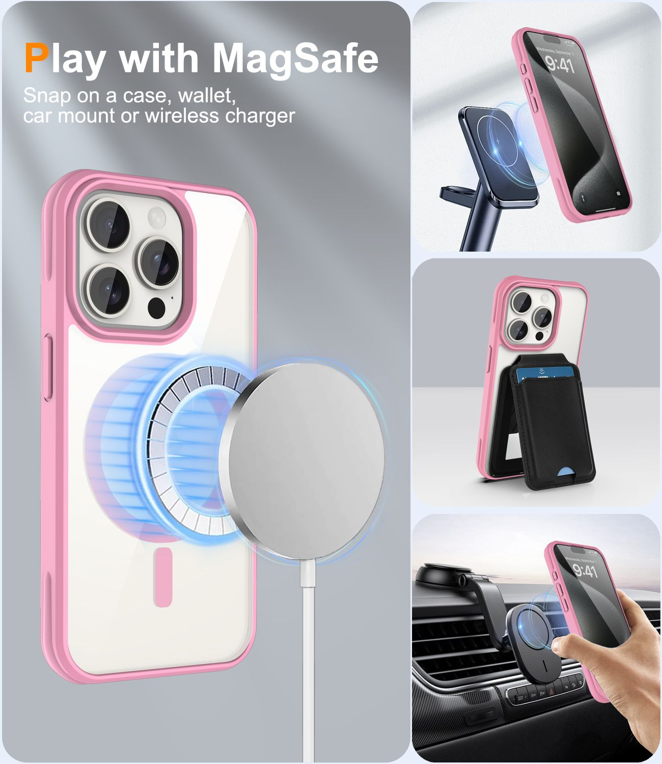 Rosa iPhone-Hülle mit MagSafe-Ladegerät, kabellosem Ladegerät und Autohalterungsoptionen. Zeigt Telefon mit Geldbörse und Autohalterung.