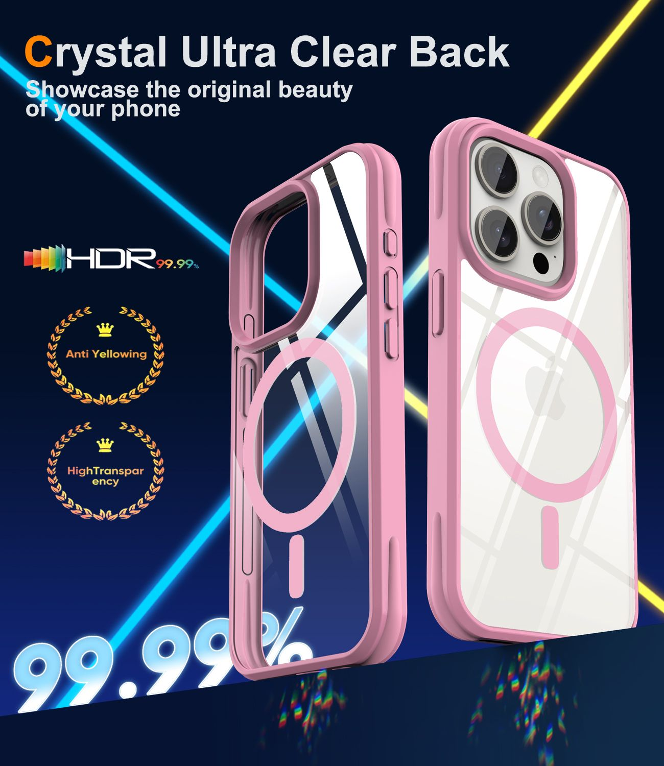 Rosa Handyhüllen. Eine zeigt die Rückseite, die andere die Seite. Text: Crystal Ultra Clear Back, HDR 99,99 %, Anti-Vergilbung und hohe Transparenz.