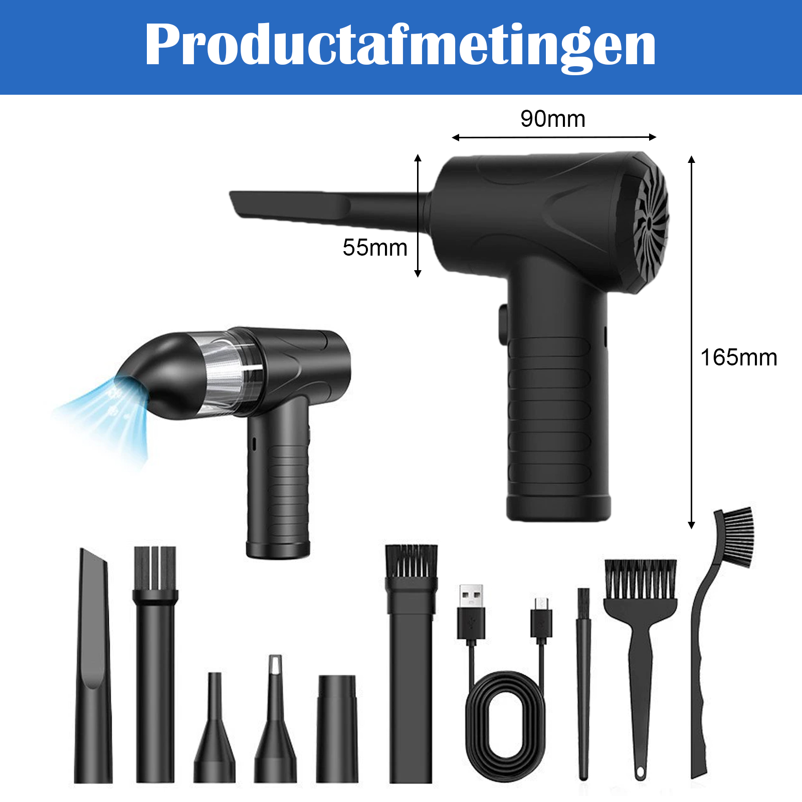 Schwarzer Handluftstaubsauger mit Zubehör. Abmessungen werden angezeigt. Blaue Luft tritt aus dem Staubsauger aus.