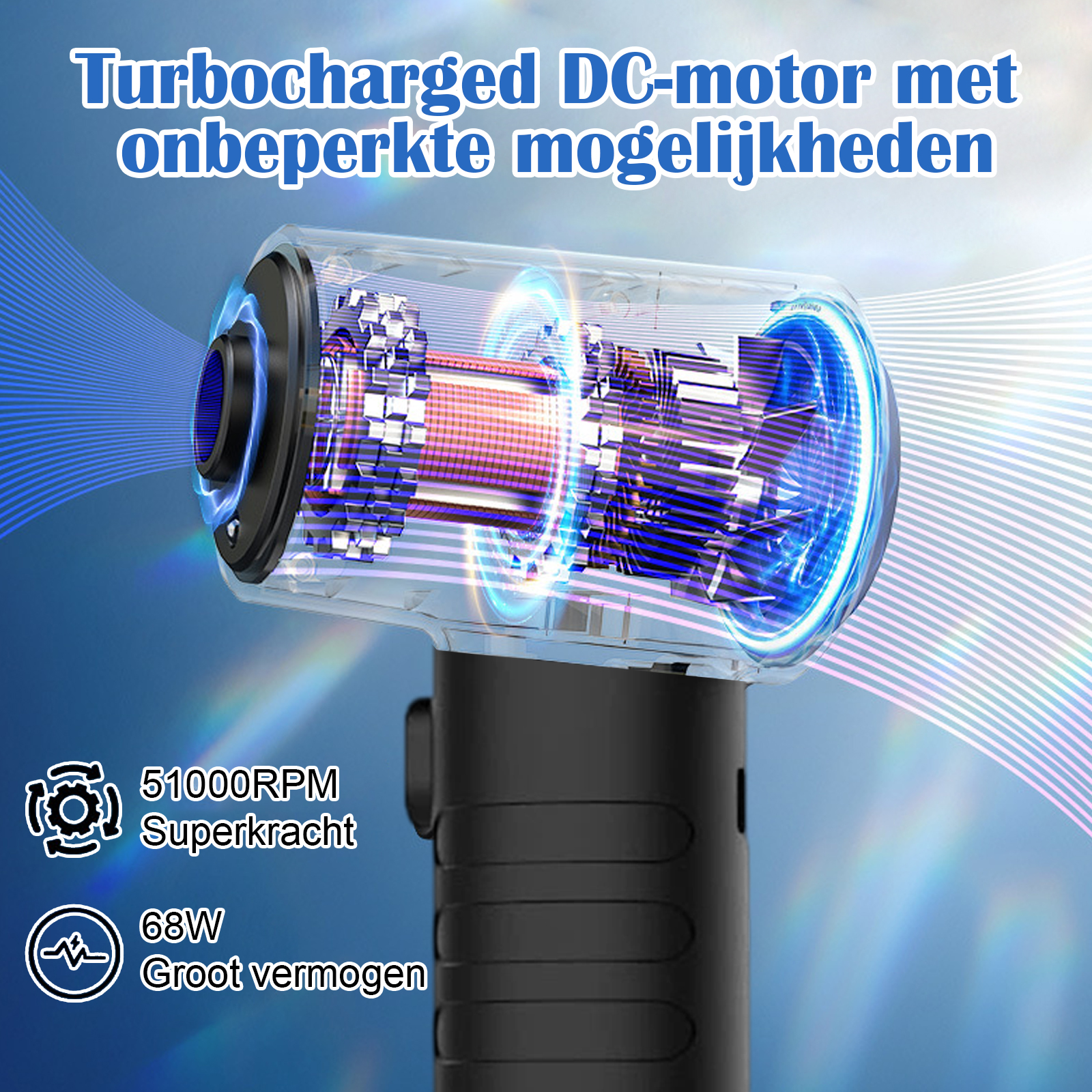 Ein schwarzer und transparenter Gleichstrommotor mit blauen und weißen Highlights sowie Text über Leistung und Geschwindigkeit.