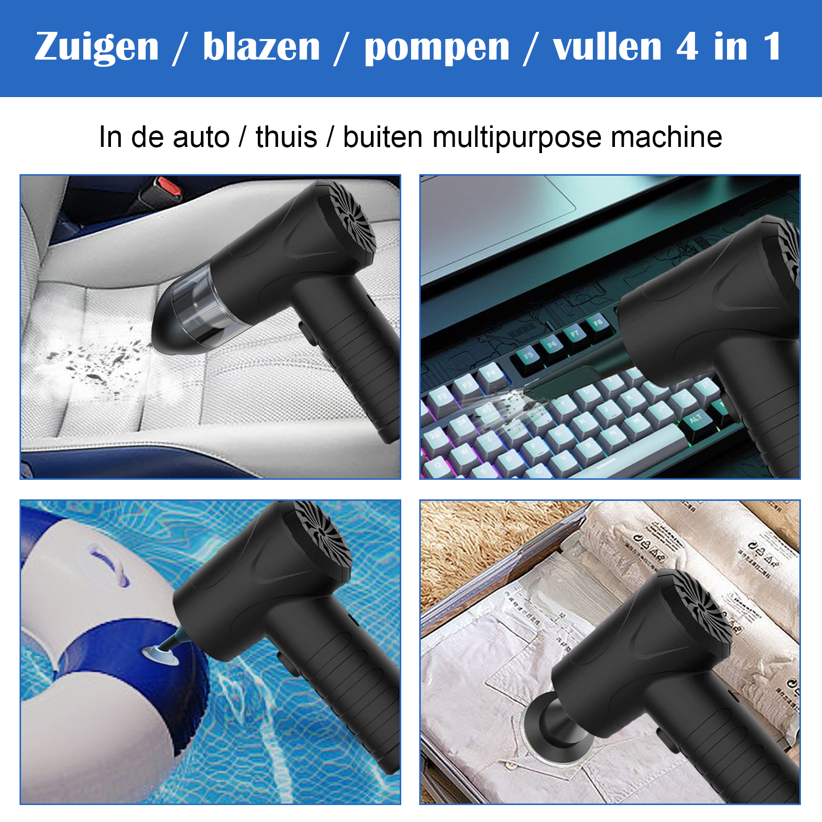 Eine schwarze Mehrzweckmaschine in Aktion in vier verschiedenen Szenarien: Autoinnenraum, Tastatur, aufblasbarer Ring und Koffer.