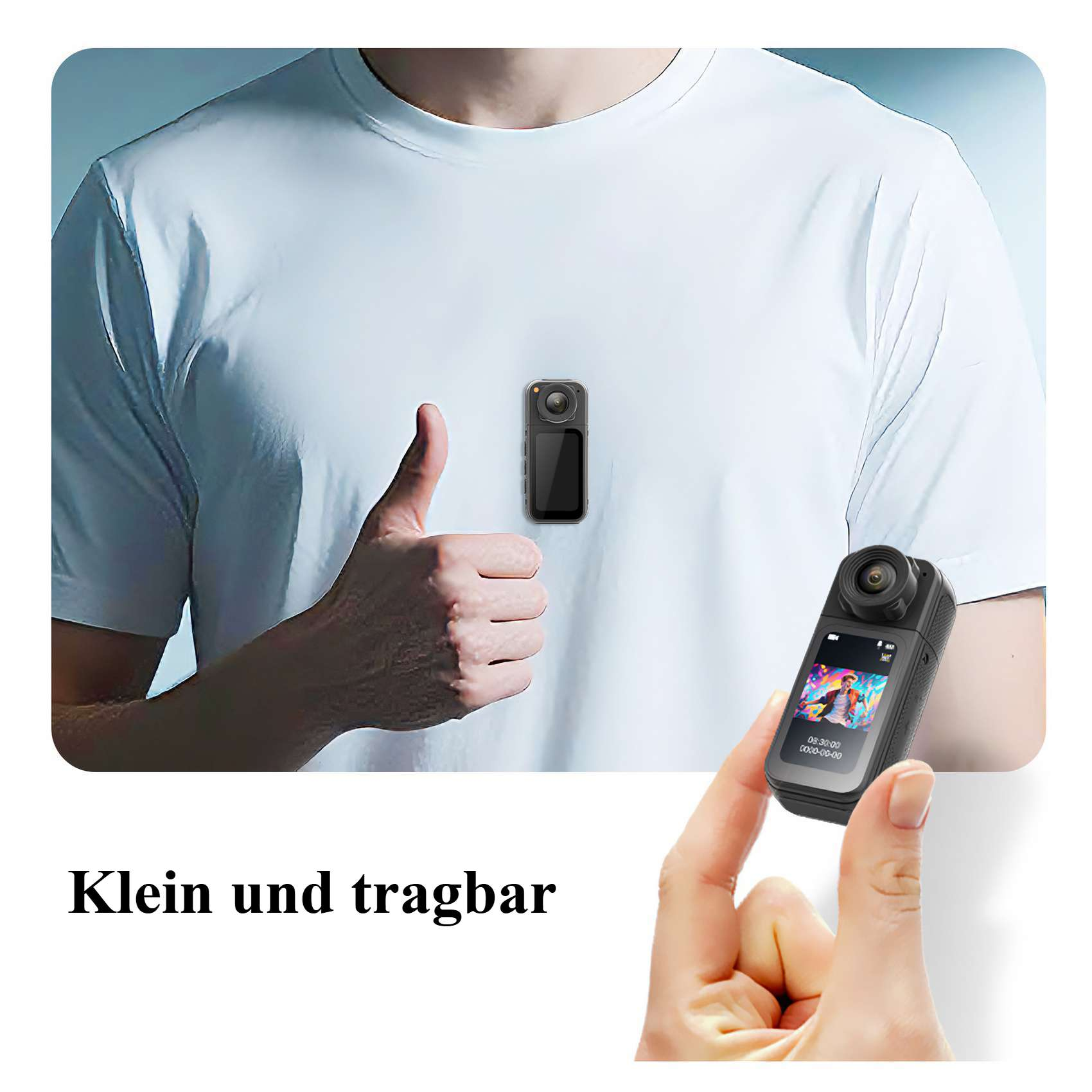 Eine Person mit weißem Hemd und Daumen hoch. Eine kleine Kamera ist auf dem Hemd und in der Hand.