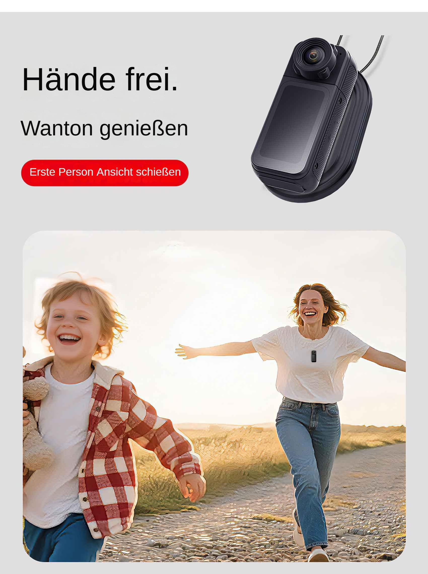 Eine Kamera und zwei Personen, eine mit einem Kind, rennen draußen. Die Kamera ist schwarz. Die Leute lächeln.