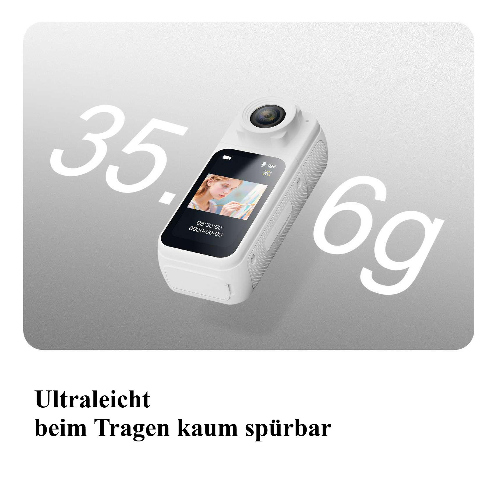 Weiße Action-Kamera mit Bildschirm, der eine malende Person zeigt. Das Gewicht beträgt 6 g. Text: 35.