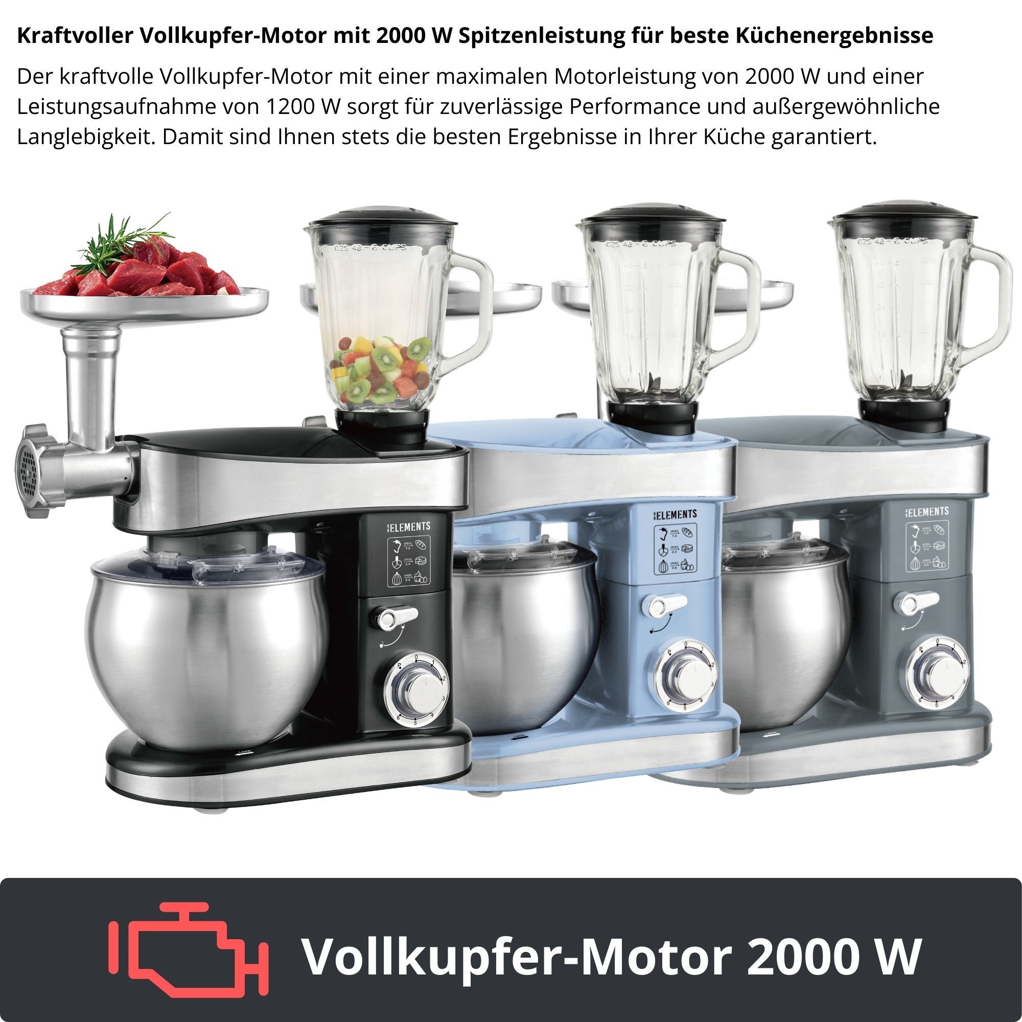 Küchengeräte: Küchenmaschine mit Fleischwolf- und Mixaufsatz in Schwarz, Blau und Grau. Früchte und Fleisch sind sichtbar.