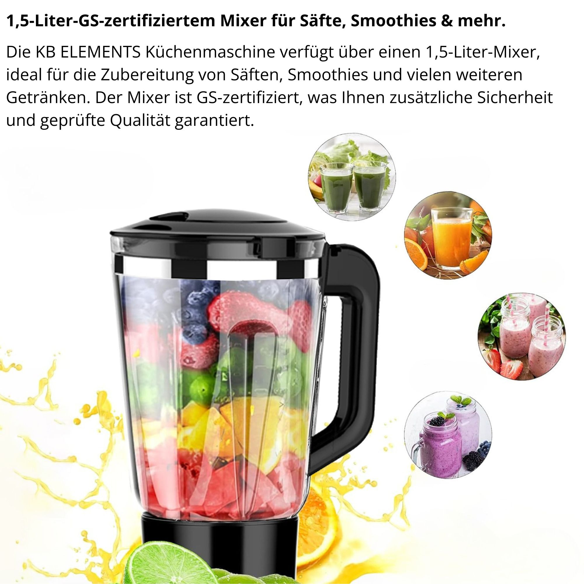 Mixer gefüllt mit Früchten, mit Bildern von Säften und Smoothies. Text auf Deutsch erwähnt den Mixer und seine Verwendung.