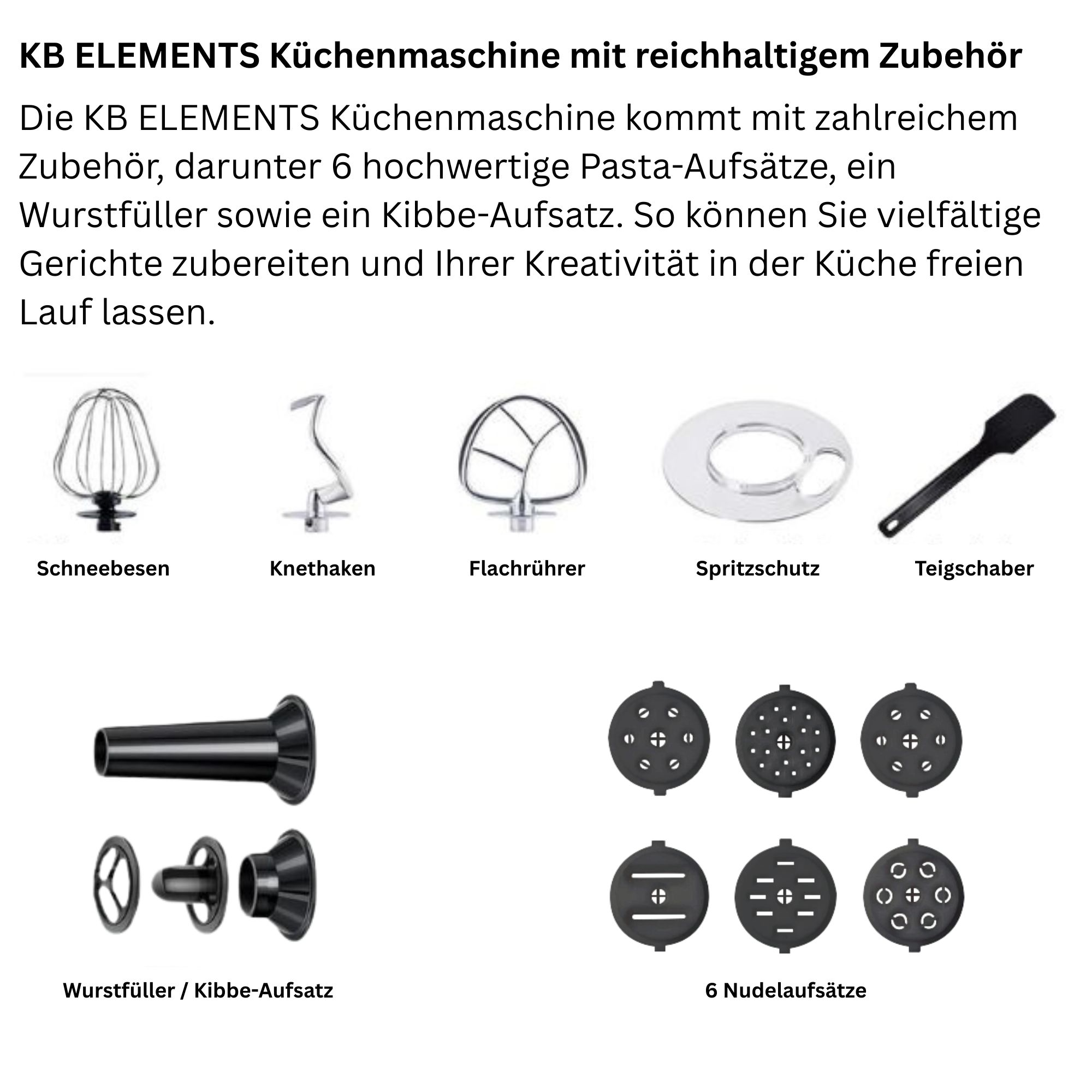 Das Bild zeigt Küchenmaschinenaufsätze: Schneebesen, Knethaken, Flachrührer, Spritzschutz, Spatel, Wurstfüller und Pastaaufsätze.
