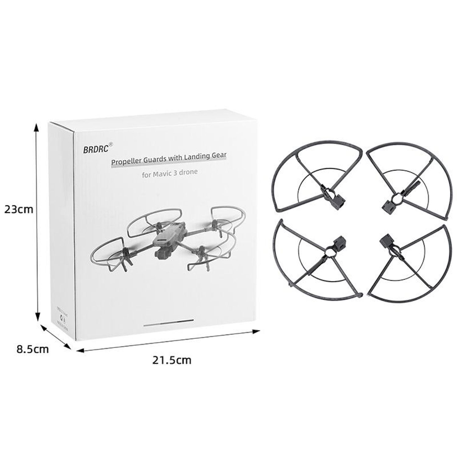 Karton mit Drohnenbild und Propellerschutz. Abmessungen sind beschriftet. Weißer Hintergrund.