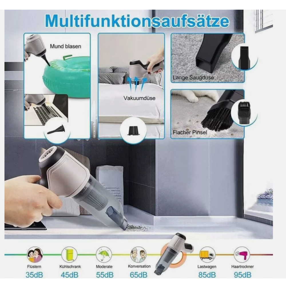 Eine Werbung zeigt einen Handstaubsauger und seine Aufsätze, die verschiedene Reinigungsfunktionen für Oberflächen demonstrieren.