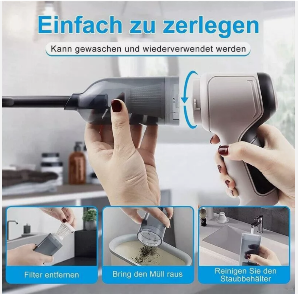 Ein Handstaubsauger wird zerlegt. Anweisungen zeigen Filterentfernung, Entleeren von Schmutz und Reinigung des Staubbehälters.