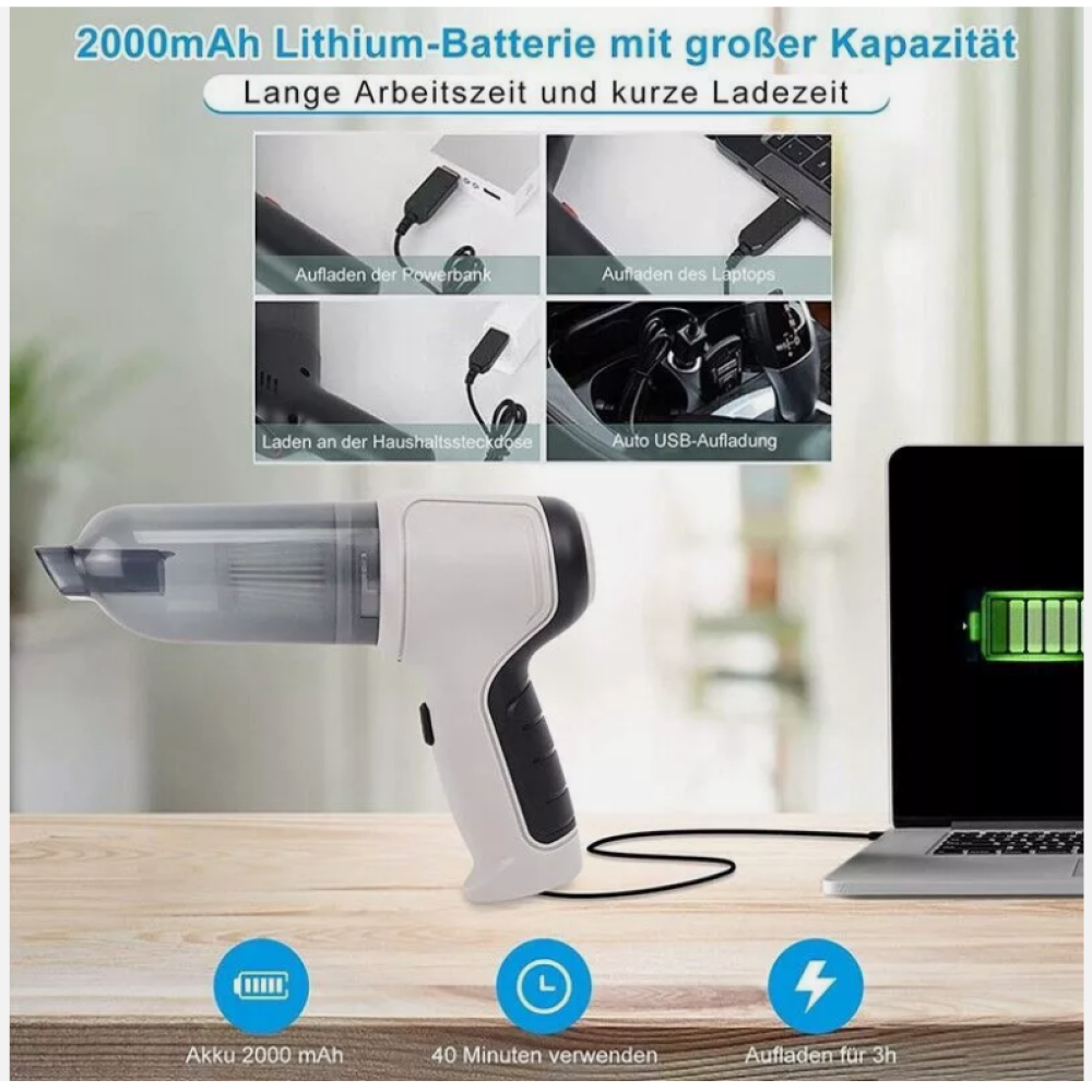 Ein weißer und schwarzer Handstaubsauger mit Lademöglichkeiten. Enthält einen Laptop und Batteriesymbole sowie Ladezeitanzeigen.
