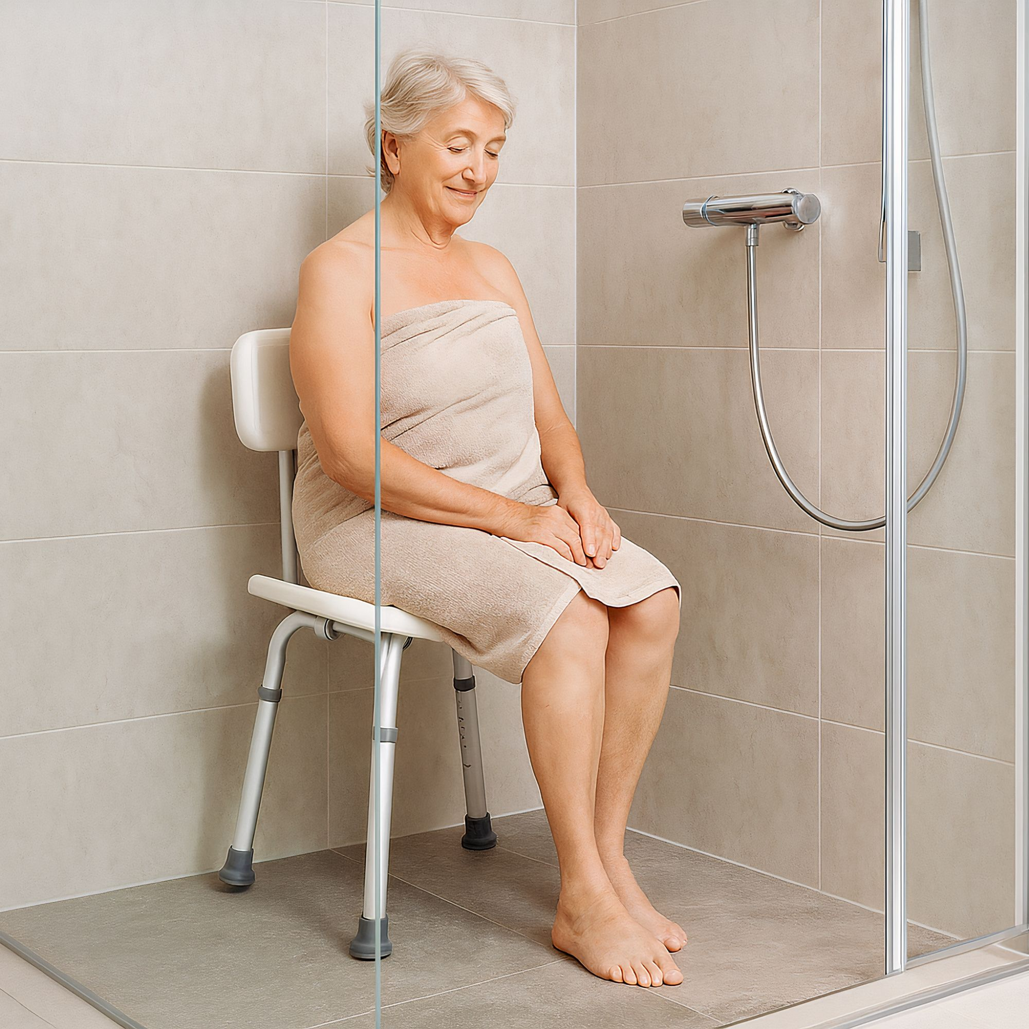 Eine ältere Frau sitzt in einer Dusche auf einem weißen Stuhl, eingewickelt in ein Handtuch. Die Dusche hat Glastüren und beige Fliesen.