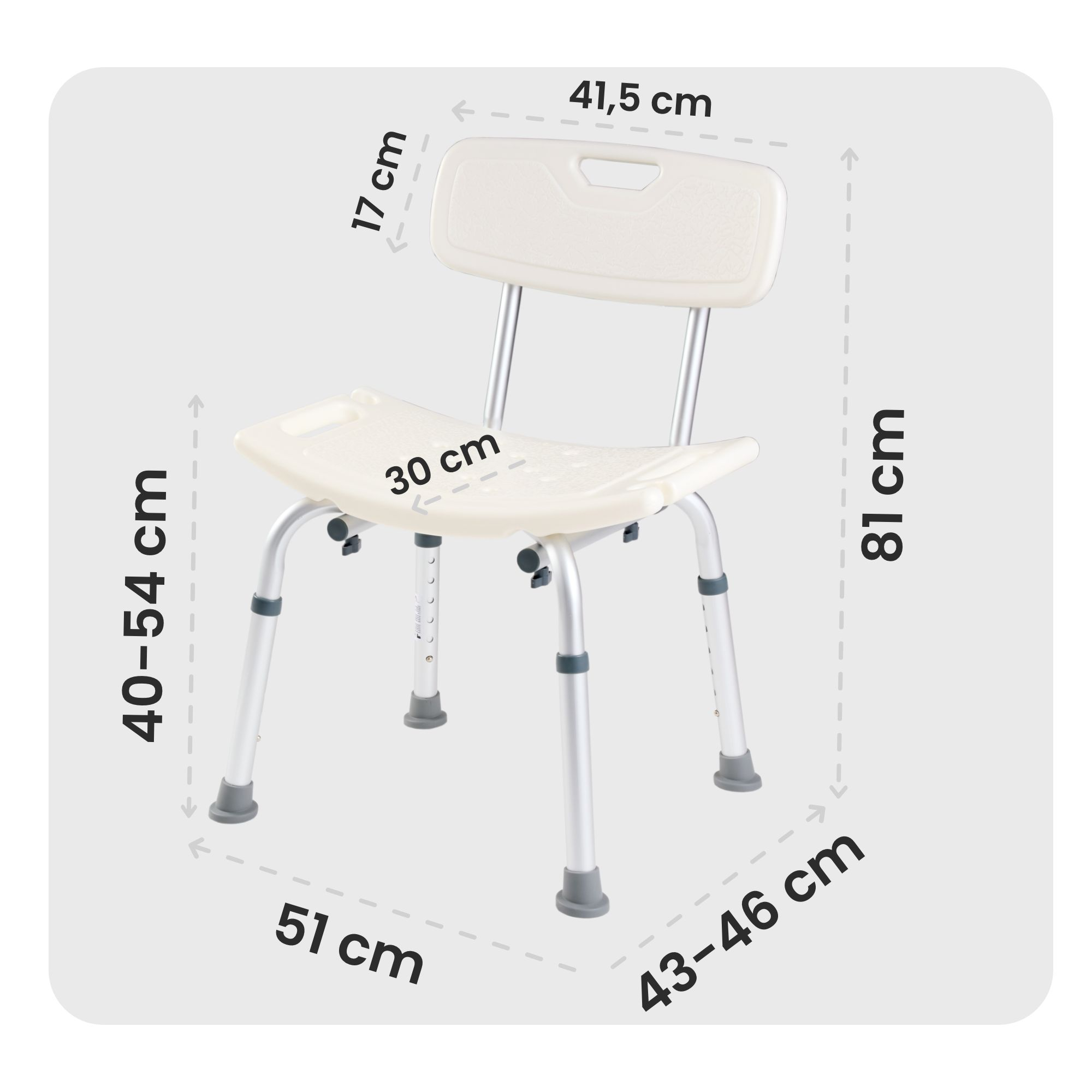 Beiger Duschstuhl. Maße: 81 cm Höhe, 51 cm Breite, 40-54 cm höhenverstellbar. Rückenlehne, Sitzfläche und Beine sind sichtbar.