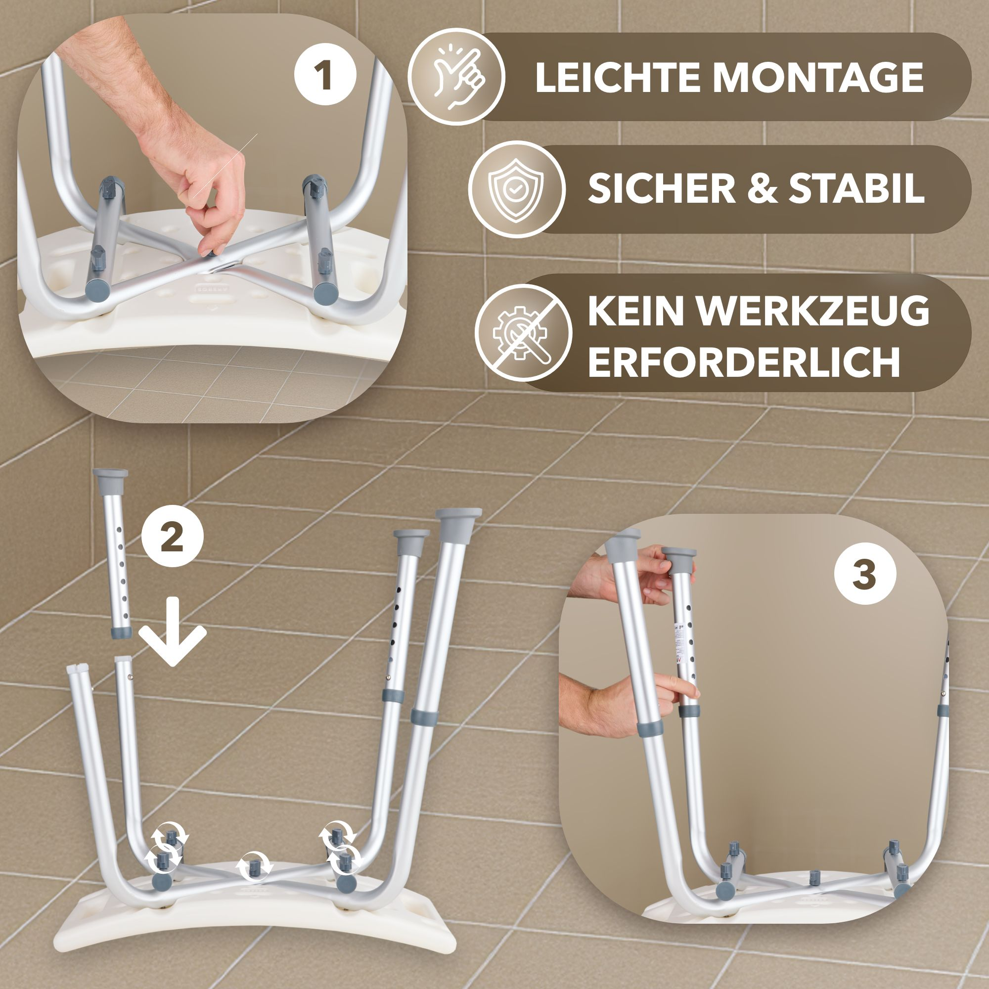 Montageschritte eines Duschstuhls. Hände zeigen die Montage der Stuhlbeine, mit Text für einfache Montage, Sicherheit und Werkzeugfreiheit.