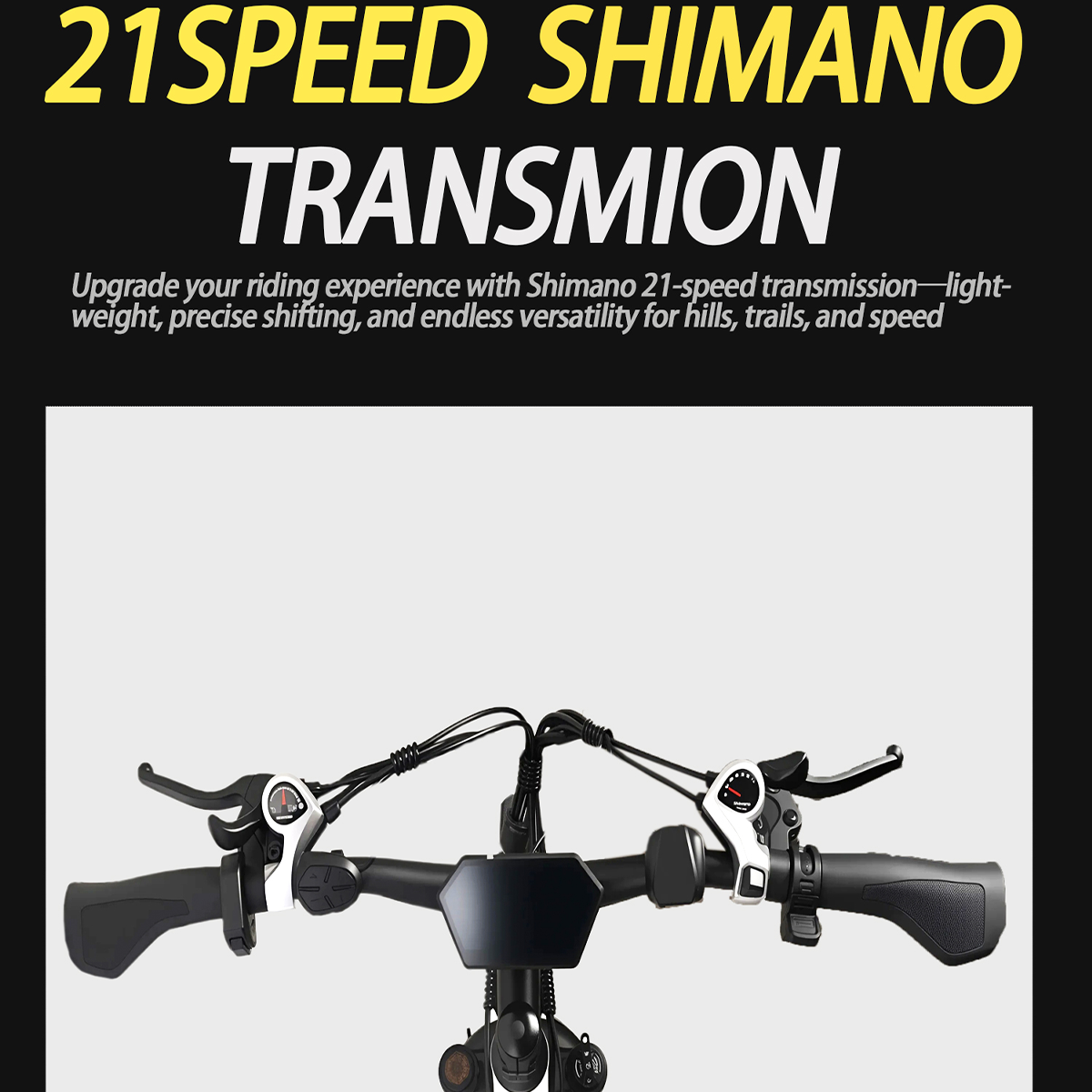 Kierownica roweru z kontrolkami, wyświetlaczem i czarnymi uchwytami. Biała tarcza wskazuje prędkość. Tło jest jasnoszare.